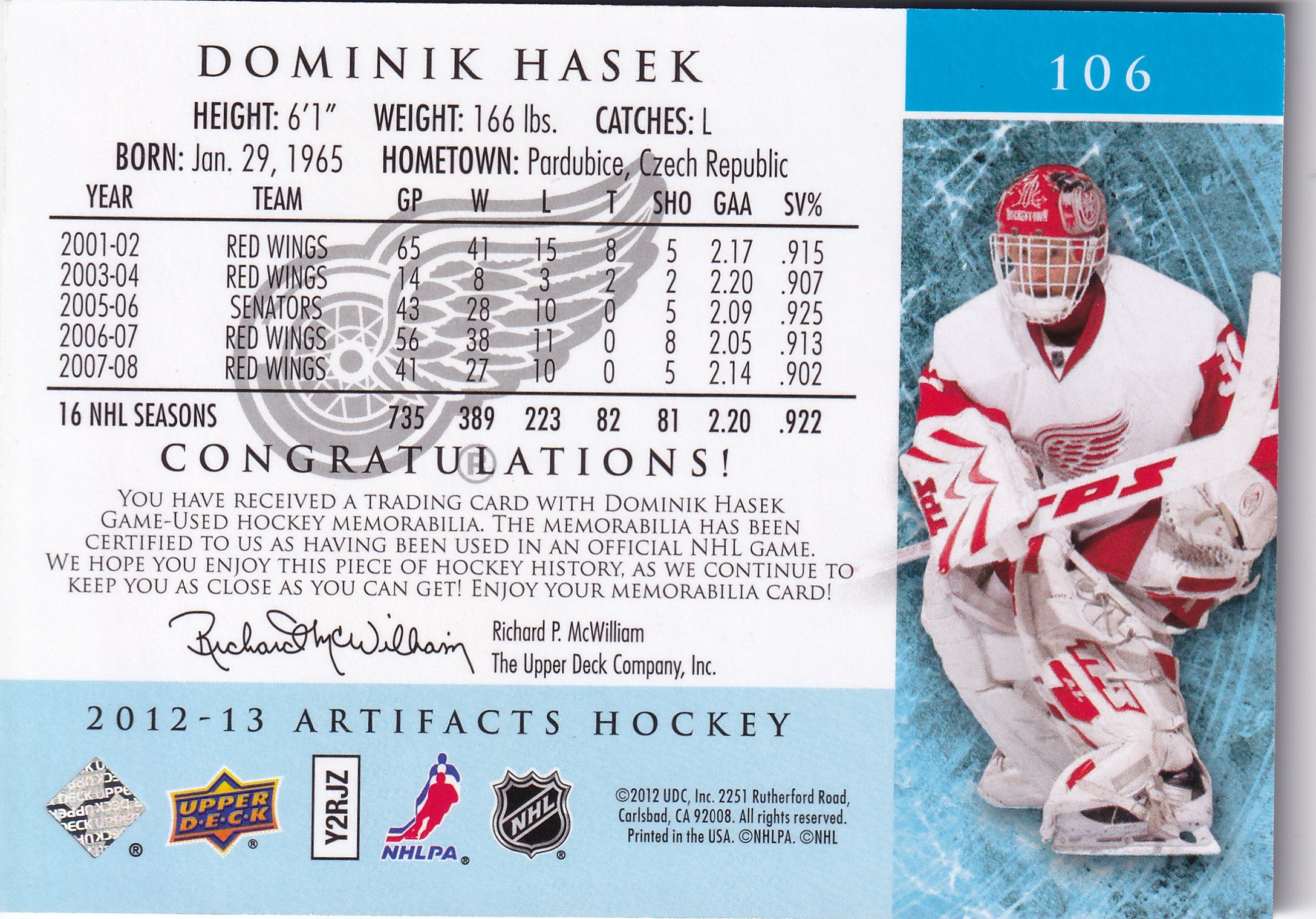 Dominik Hašek 2012–13 Upper Deck Artifacts Silver Dual Jersey /125 #106 – 075/125