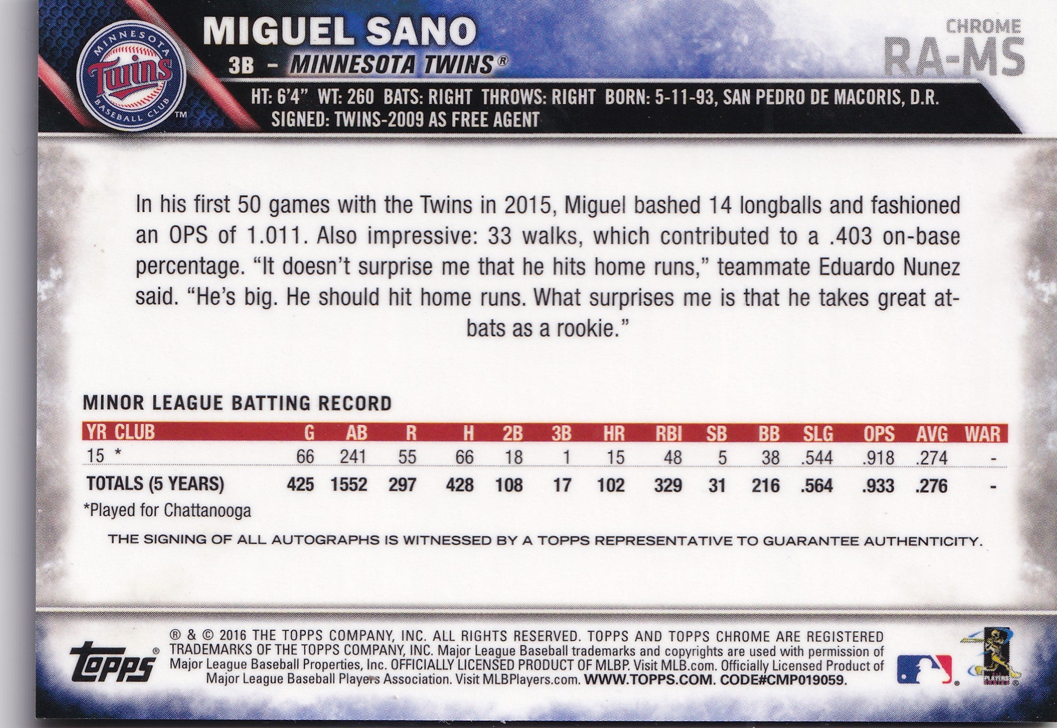 Miguel Sanó 2016 Topps Chrome Rookie Autographs #RA-MS – RC Auto