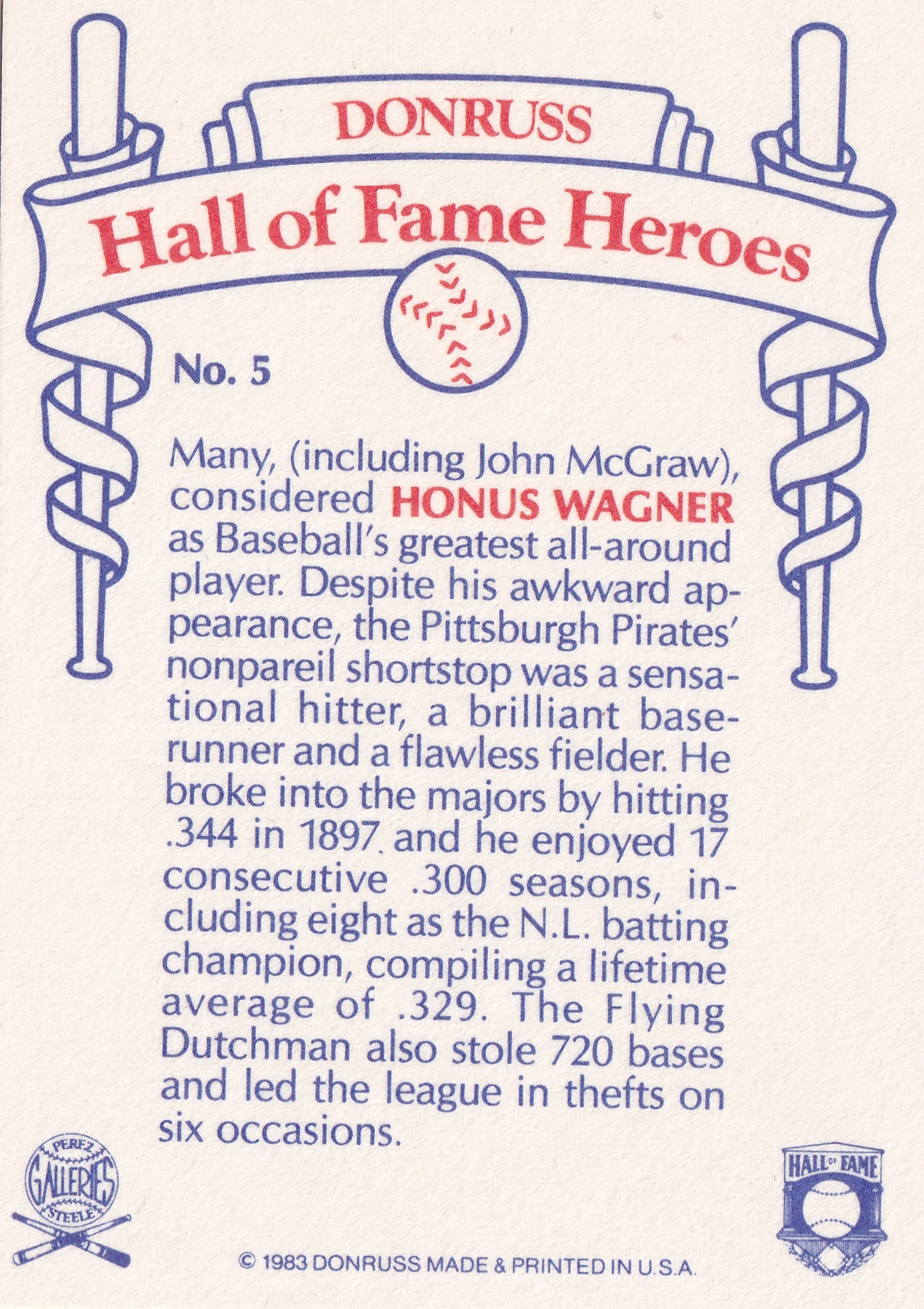 Honus Wagner – 1983 Donruss Hall of Fame Heroes #5 – Pittsburgh Pirates