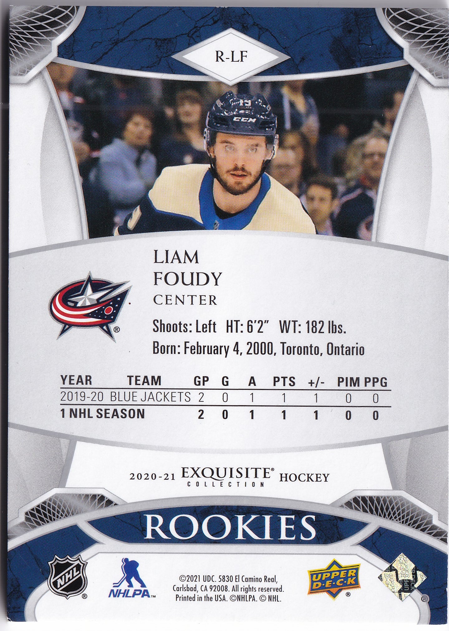 Liam Foudy 2020-21 Upper Deck Exquisite Collection Rookies /299 #R-LF – 249/299