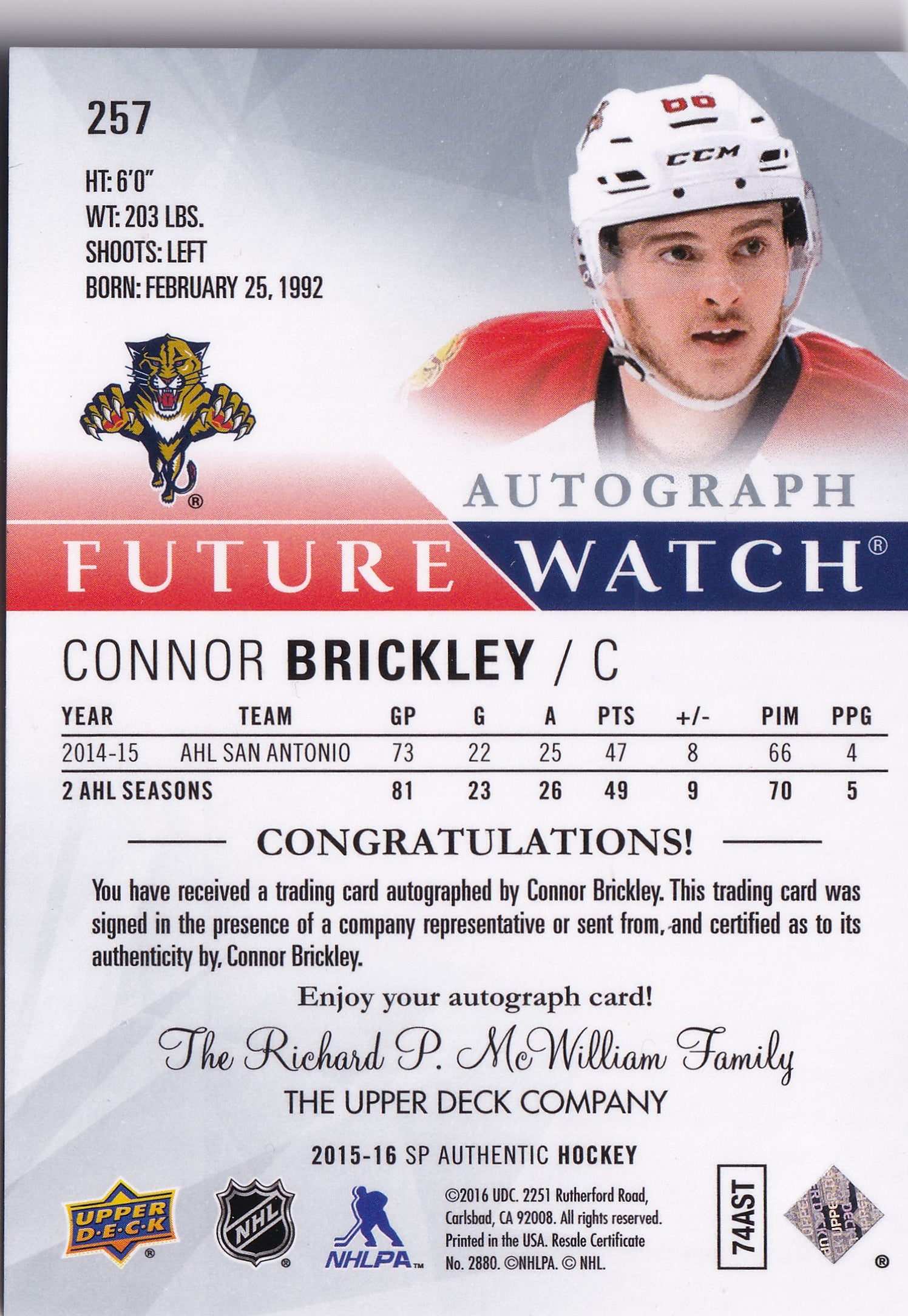Connor Brickley 2015-16 SP Authentic Future Watch Autograph /999 #257 – 947/999