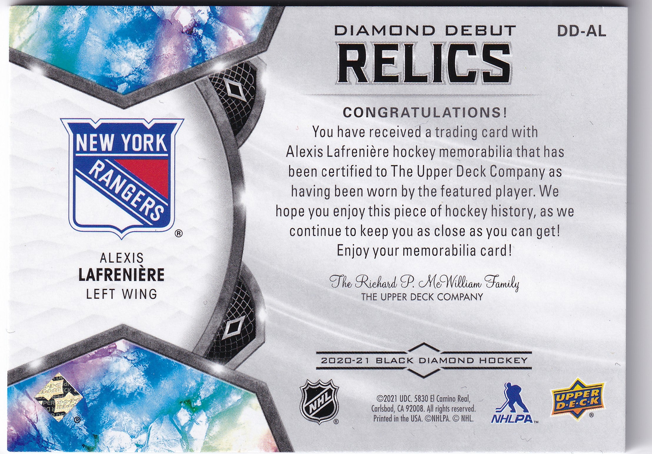 Alexis Lafrenière 2020–21 Black Diamond Diamond Debut Relics Rookie Jersey /399 #DD-AL – 303/399
