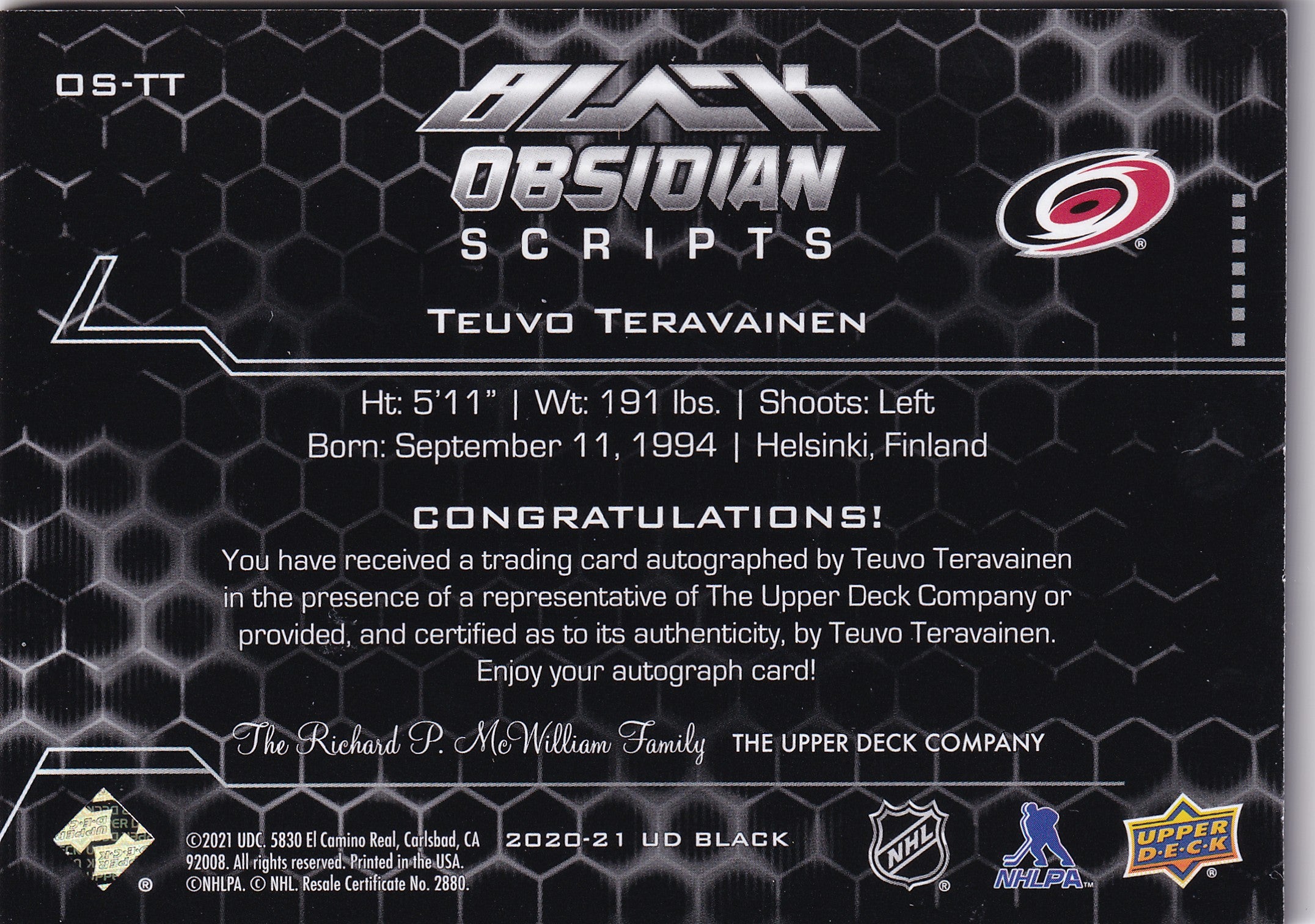 Teuvo Teräväinen 2020–21 SPx UD Black Obsidian Scripts Autograph #OS-TT – Carolina Hurricanes