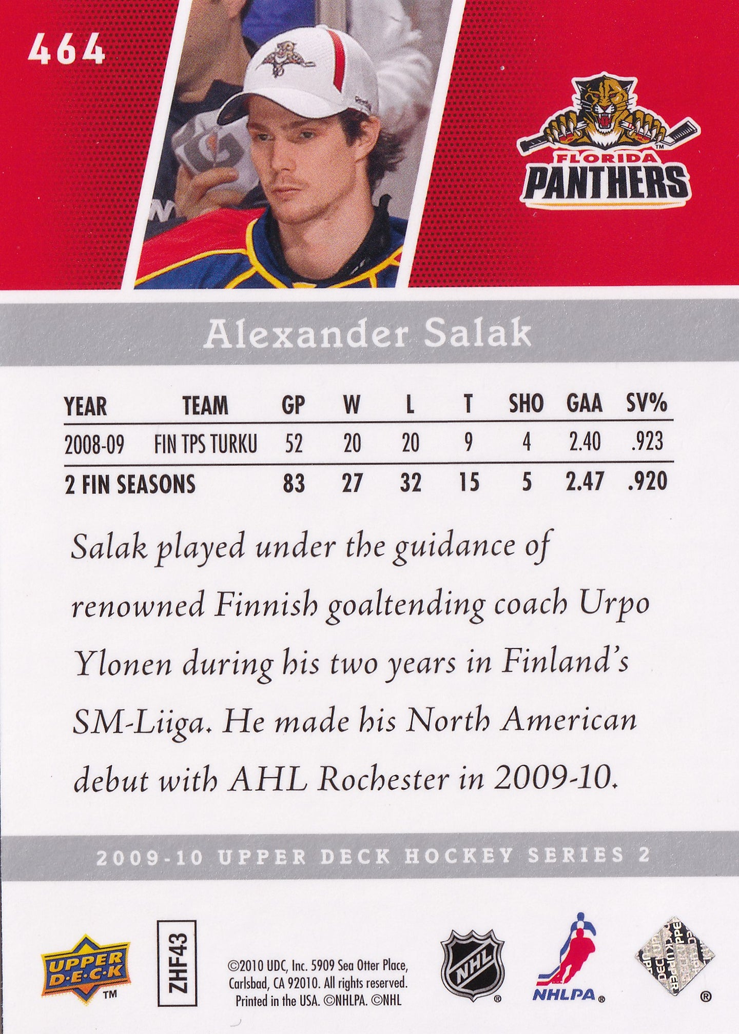 Alexander Salák – 2009–10 Upper Deck Young Guns Rookie #464 – Florida Panthers