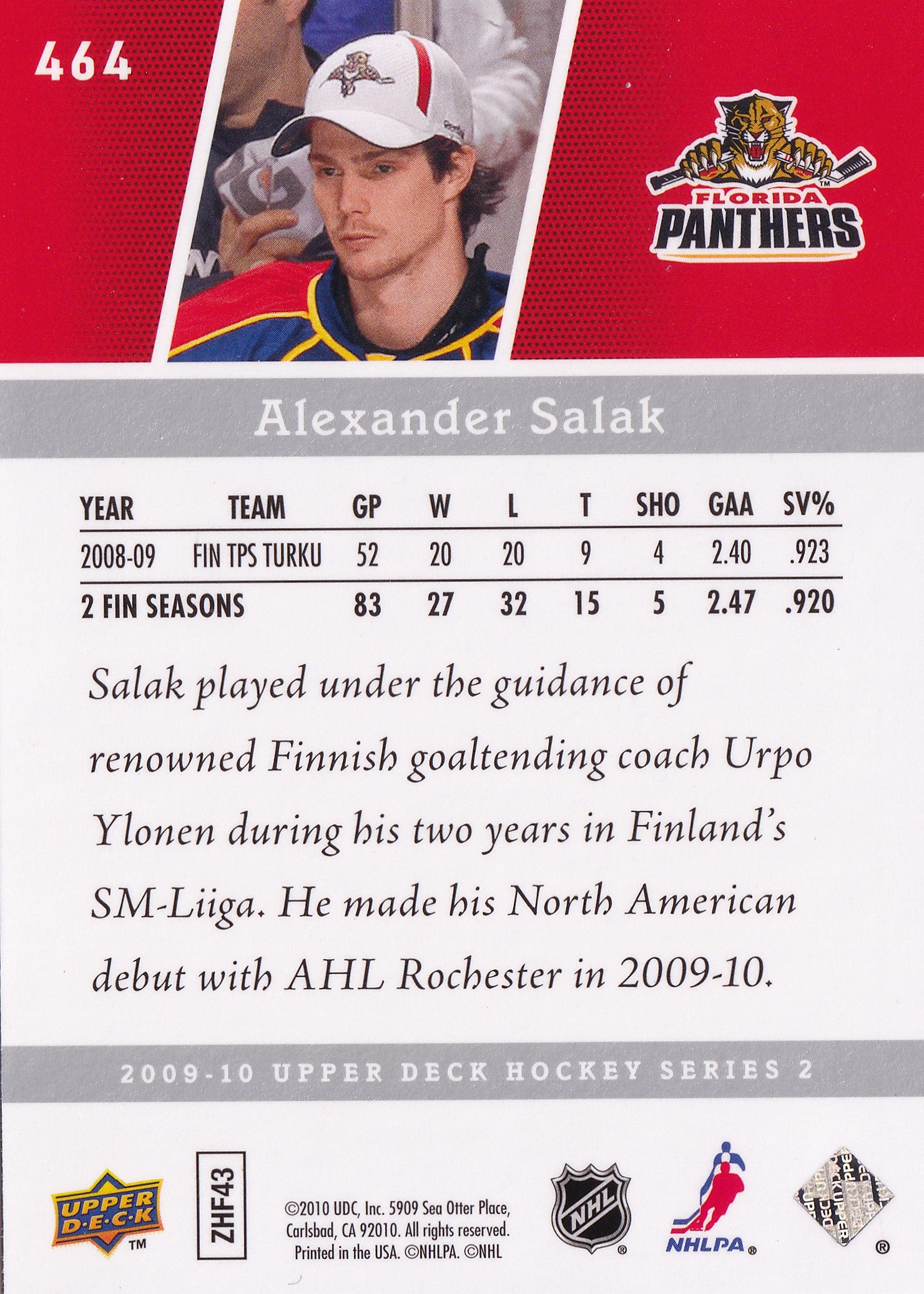 Alexander Salák – 2009–10 Upper Deck Young Guns Rookie #464 – Florida Panthers