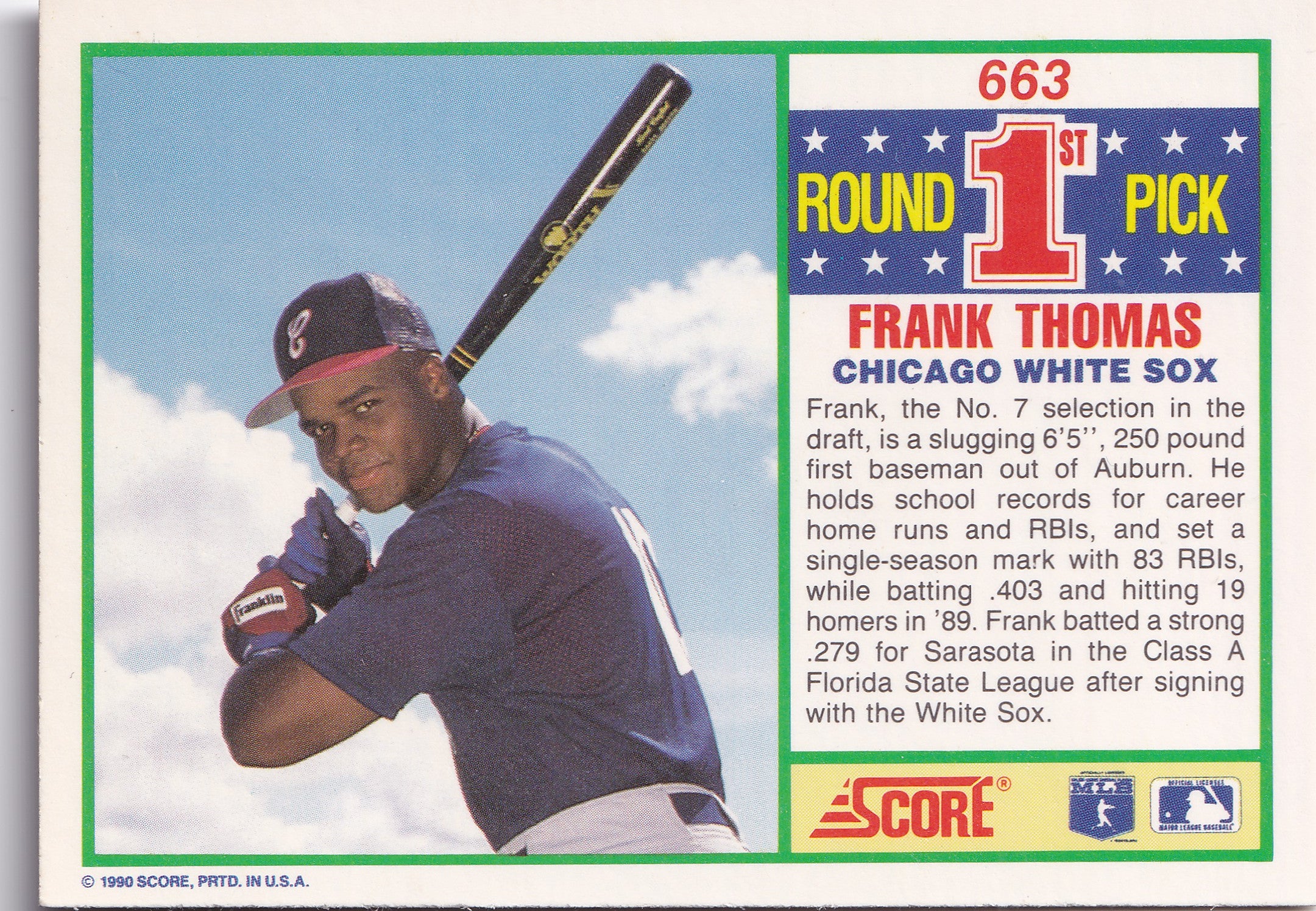 Frank Thomas 1990 Score Round 1st Pick Rookie #663
