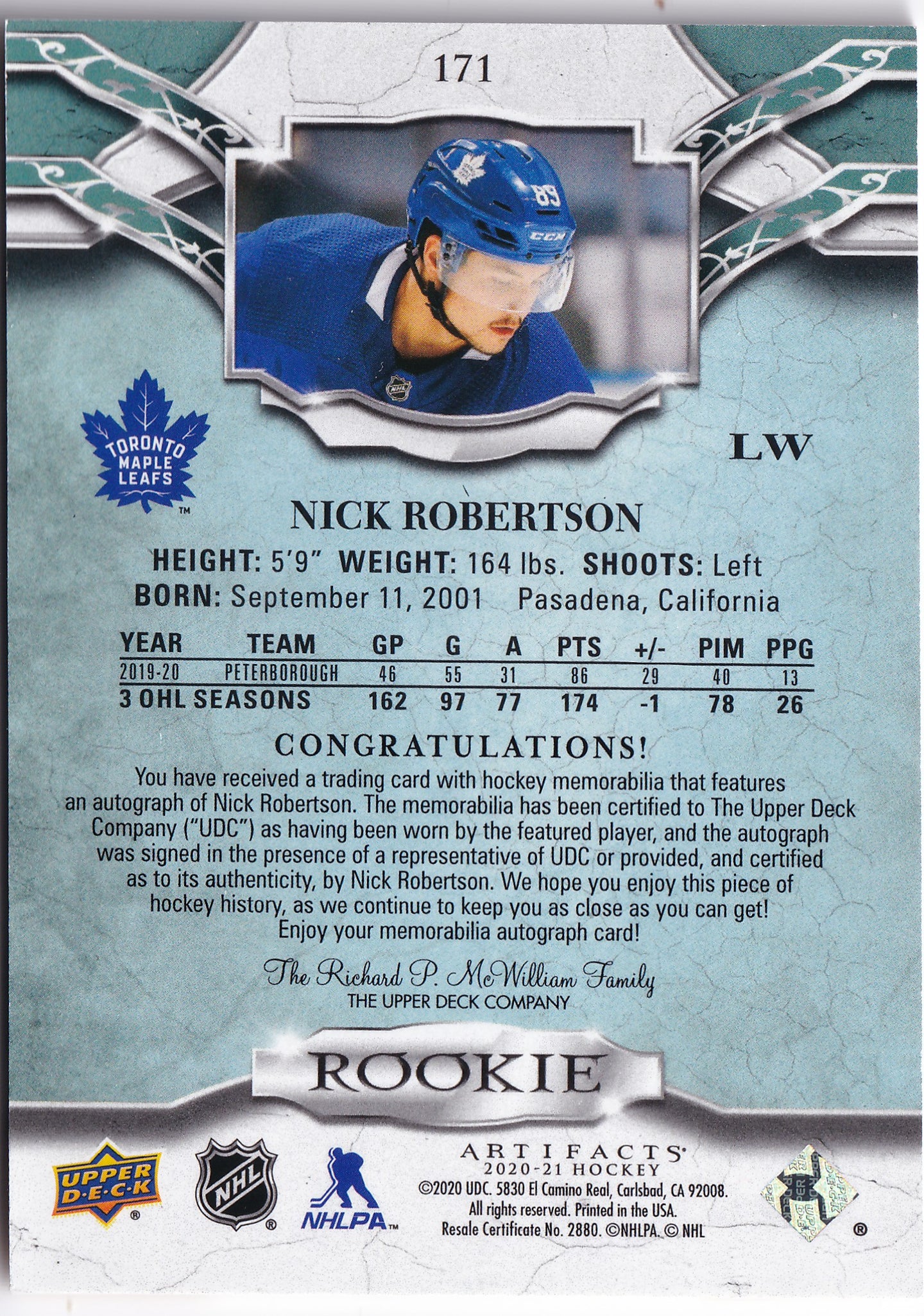 Nick Robertson 2020–21 Artifacts Rookie Auto Material Gold Dual Jersey /99 #171 – 87/99