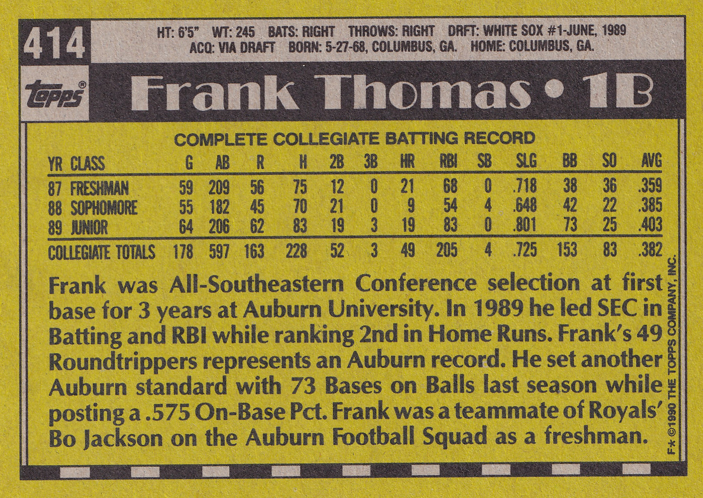 Frank Thomas – 1990 Topps #414 Rookie Card – Chicago White Sox