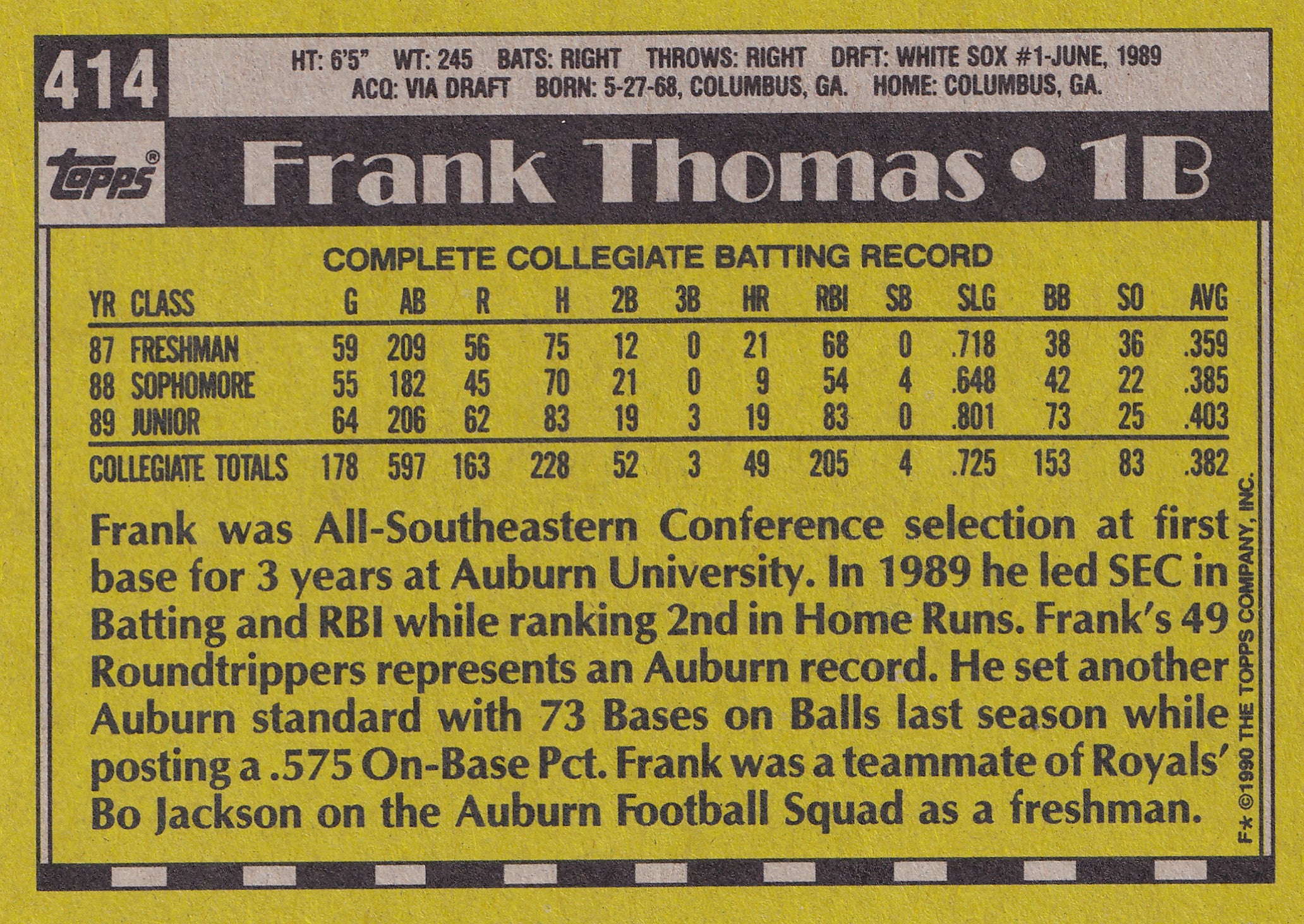 Frank Thomas – 1990 Topps #414 Rookie Card – Chicago White Sox