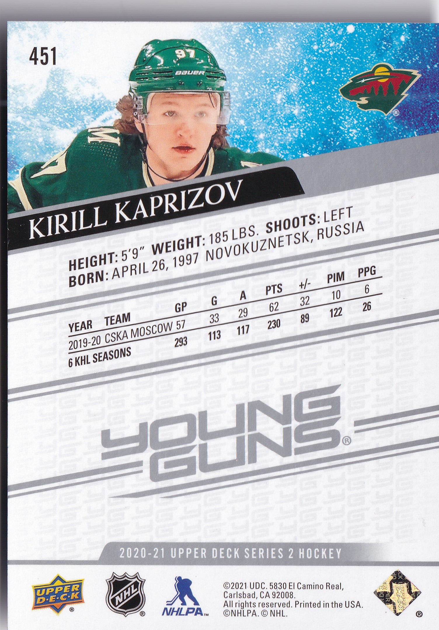Kirill Kaprizov 2020-21 Upper Deck Series 2 Young Guns Rookie #451