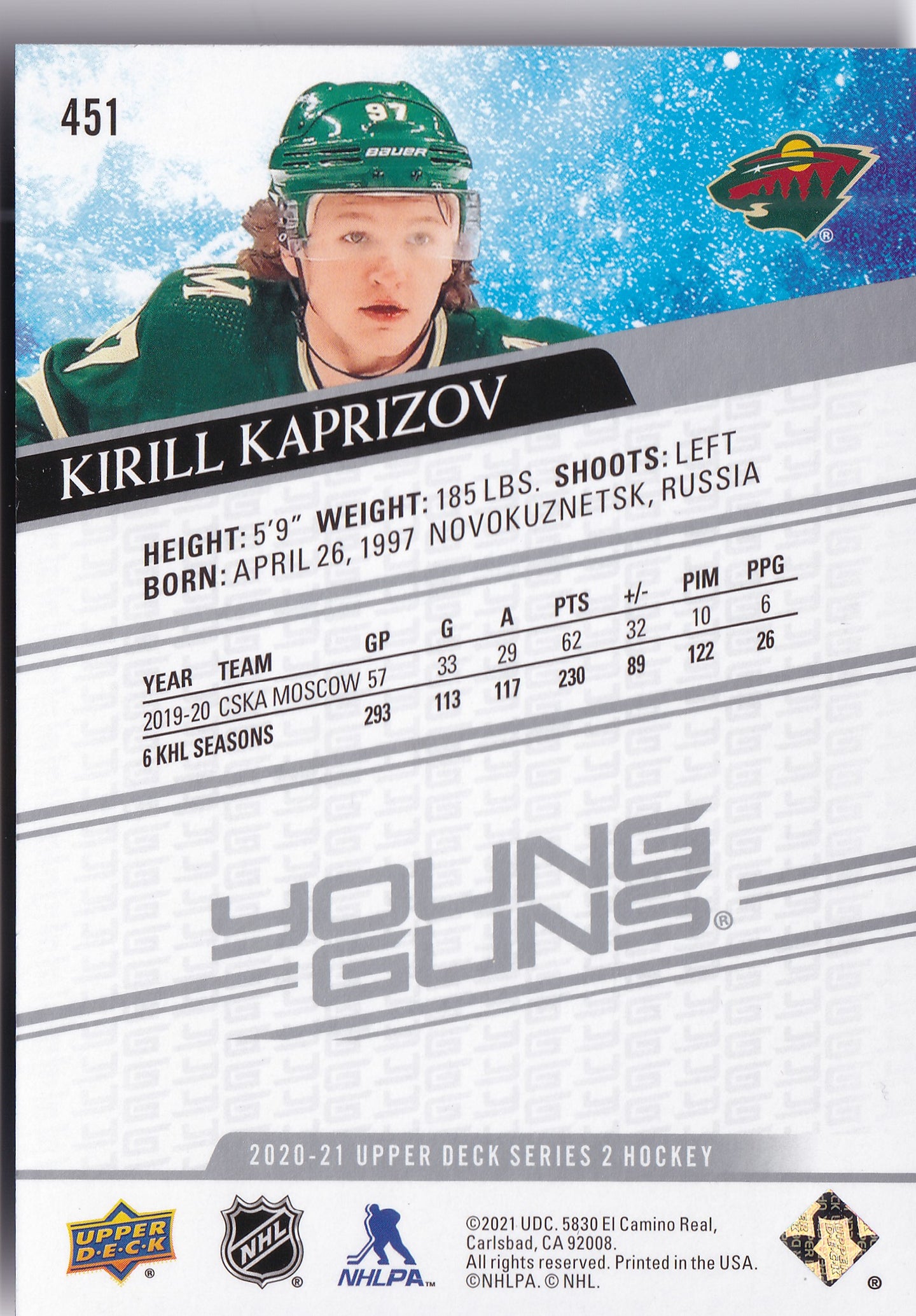 Kirill Kaprizov 2020-21 Upper Deck Series 2 Young Guns Rookie #451