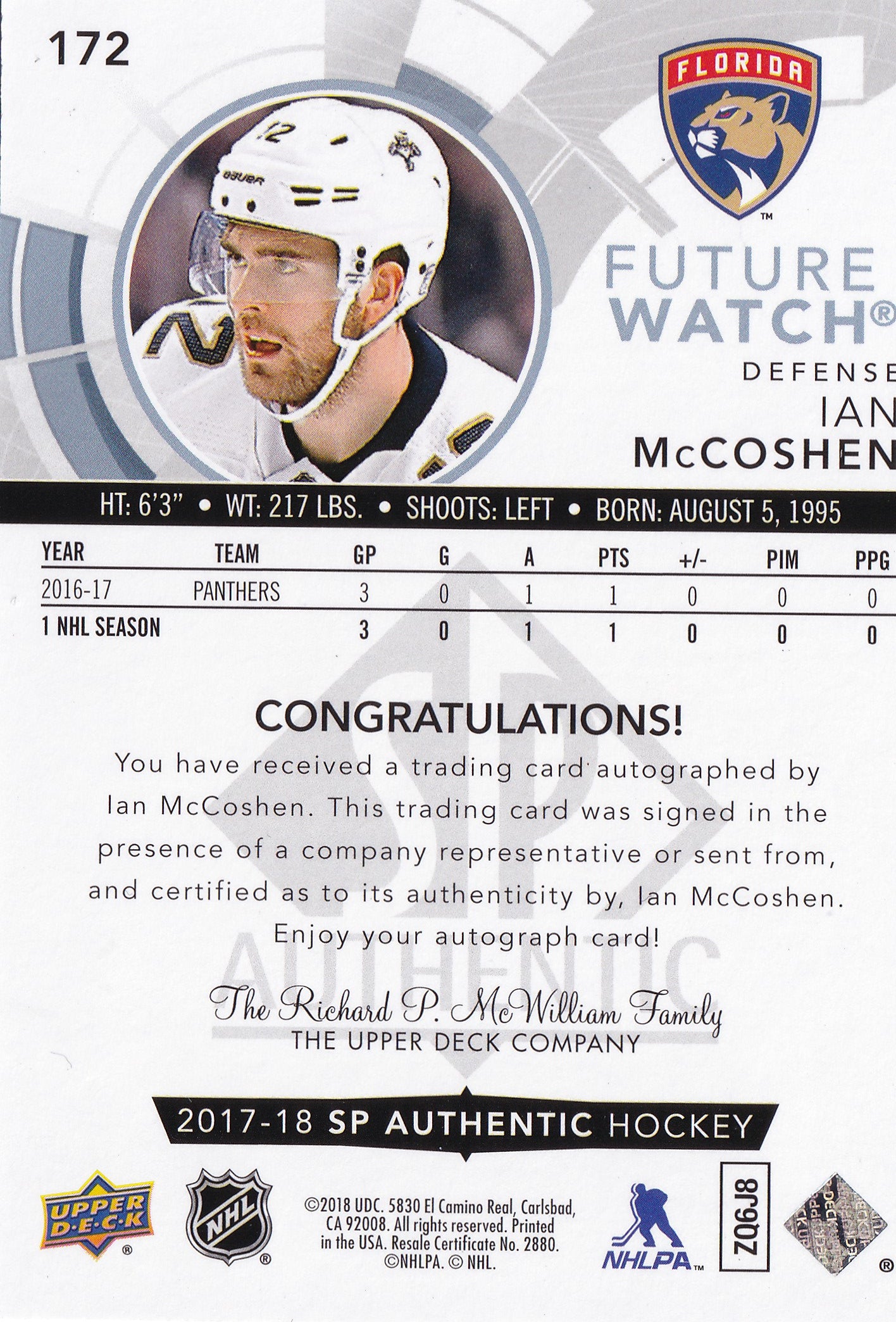 Ian McCoshen – 2017–18 SP Authentic Future Watch Autograph RC #172 /999 – Florida Panthers