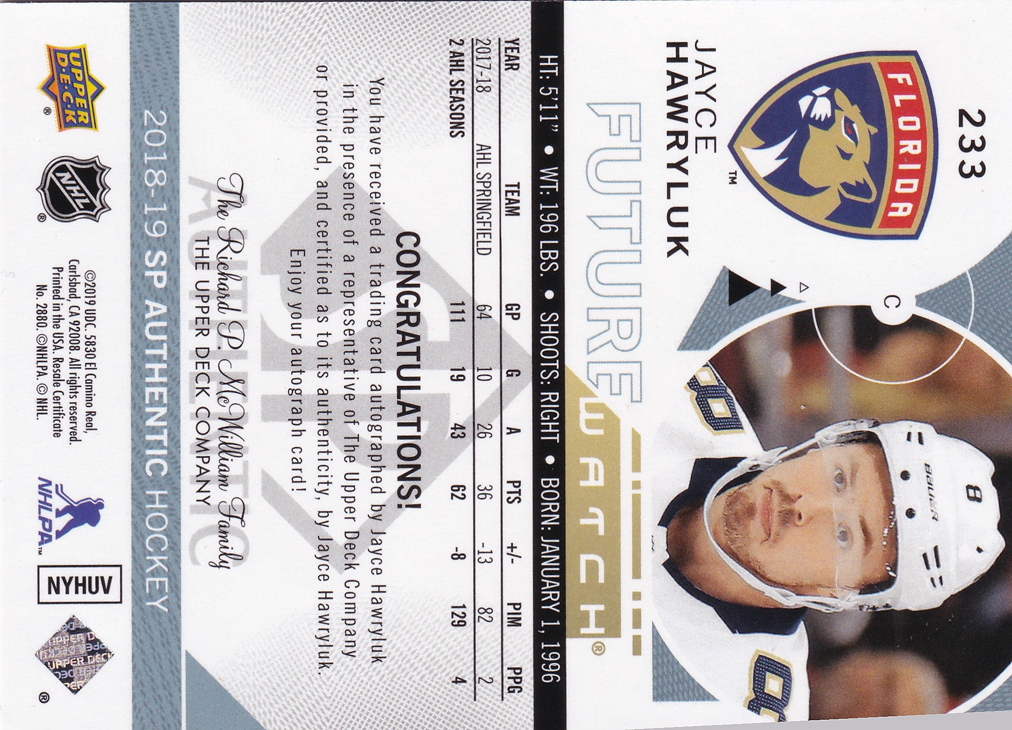 Jayce Hawryluk – 2018–19 SP Authentic Future Watch Autograph #233 – 374/999