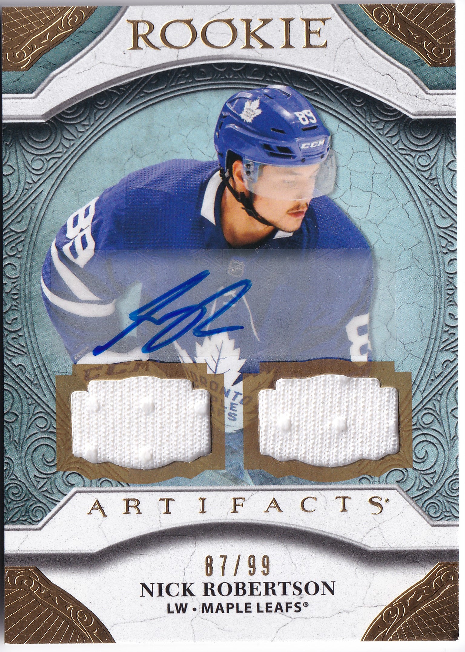 Nick Robertson 2020–21 Artifacts Rookie Auto Material Gold Dual Jersey /99 #171 – 87/99