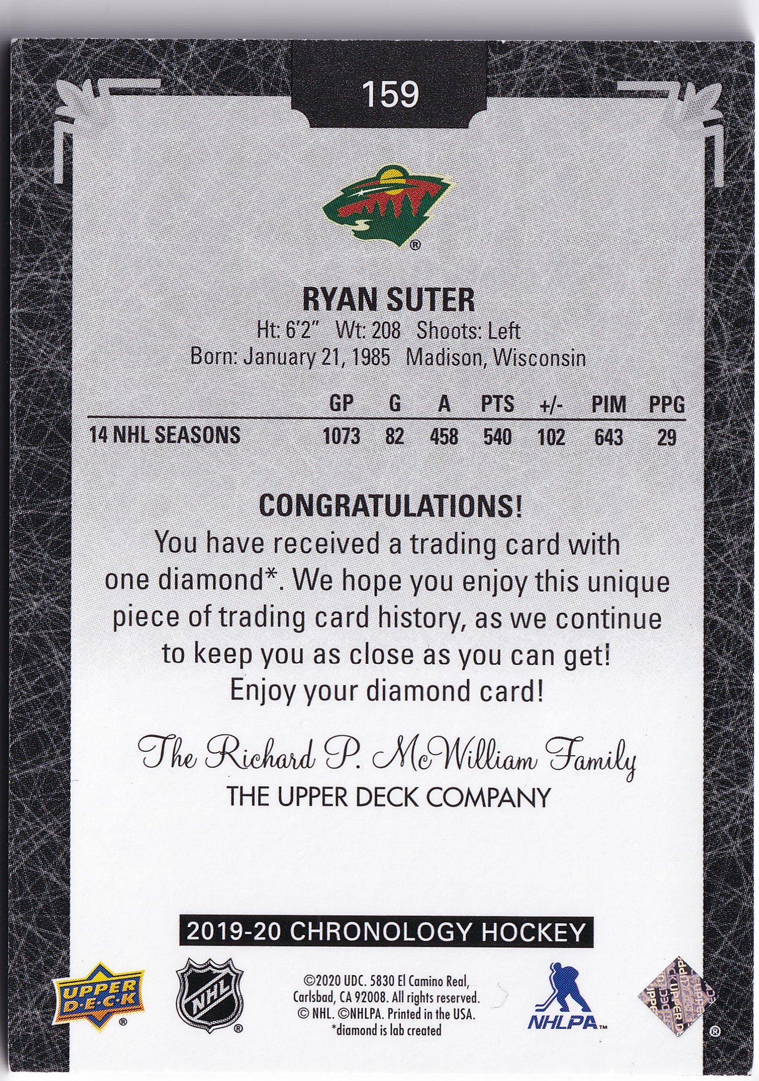 Ryan Suter 2019–20 Upper Deck Chronology Diamond Relic Black /9 #159 – 5/9