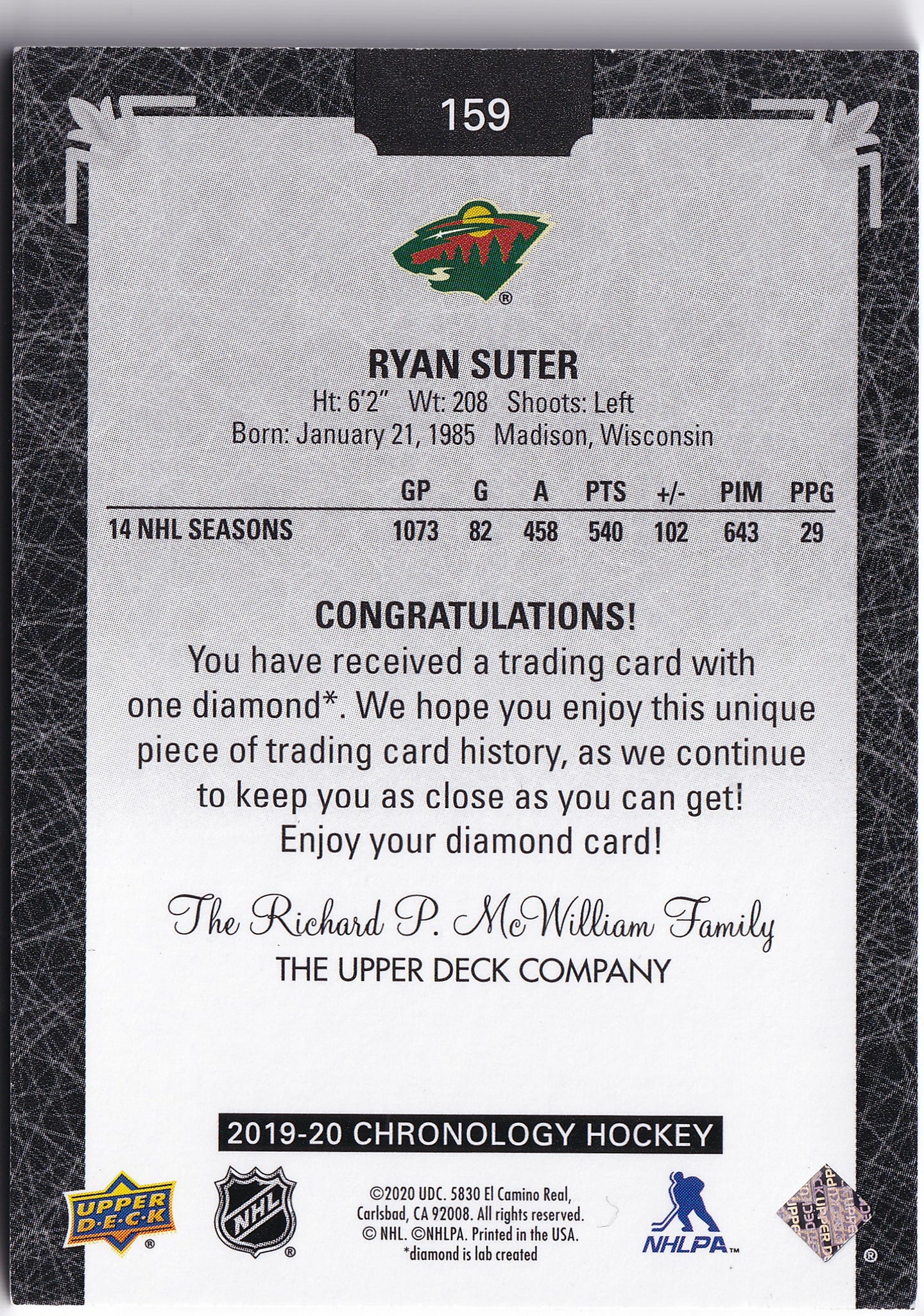 Ryan Suter 2019–20 Upper Deck Chronology Diamond Relic Black /9 #159 – 5/9