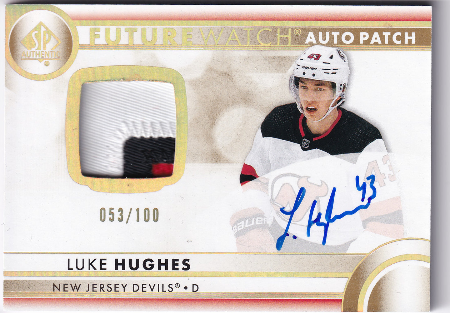 Luke Hughes 2023–24 SP Authentic Future Watch Auto Patch Rookie /100 #101 – 053/100