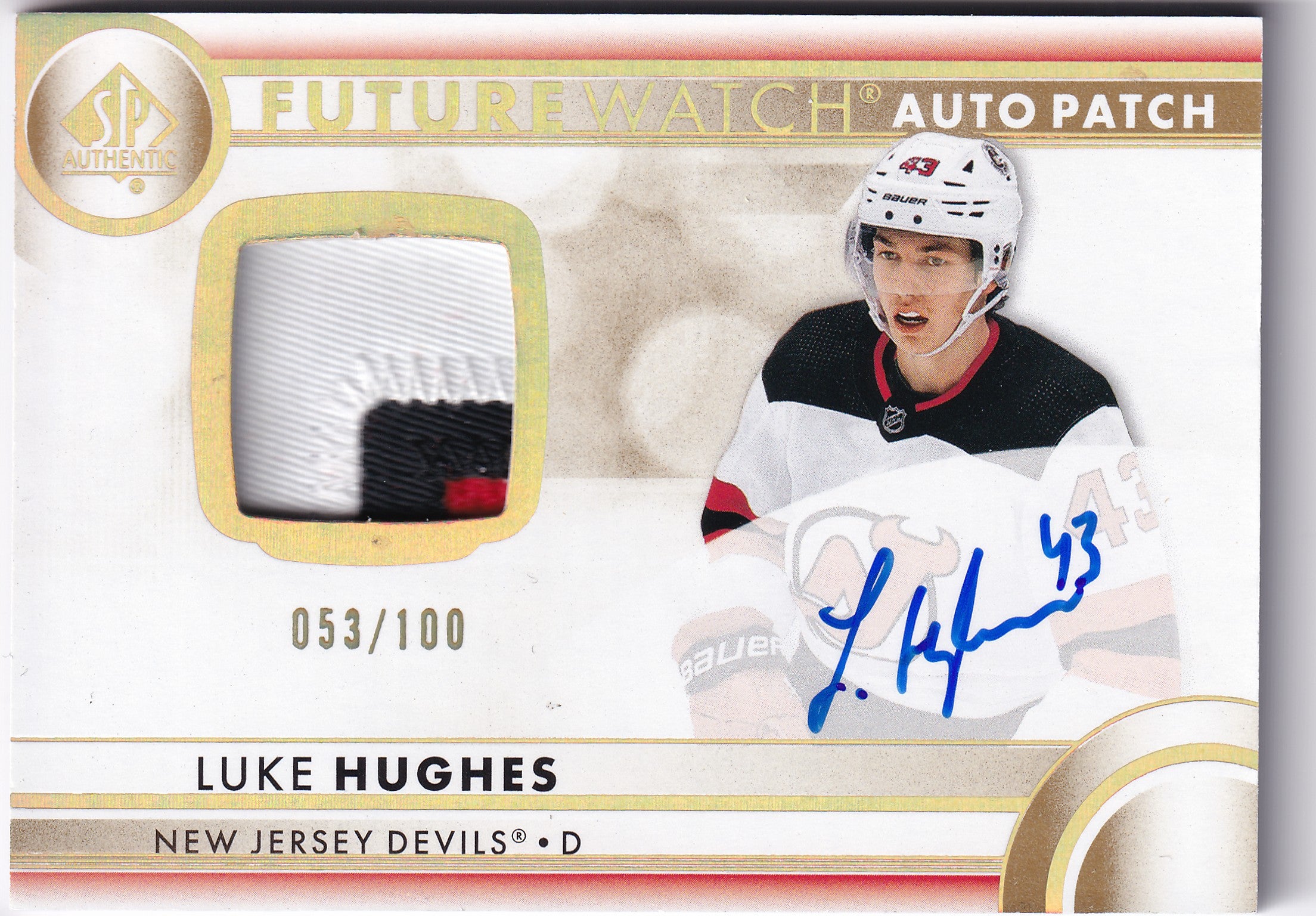 Luke Hughes 2023–24 SP Authentic Future Watch Auto Patch Rookie /100 #101 – 053/100