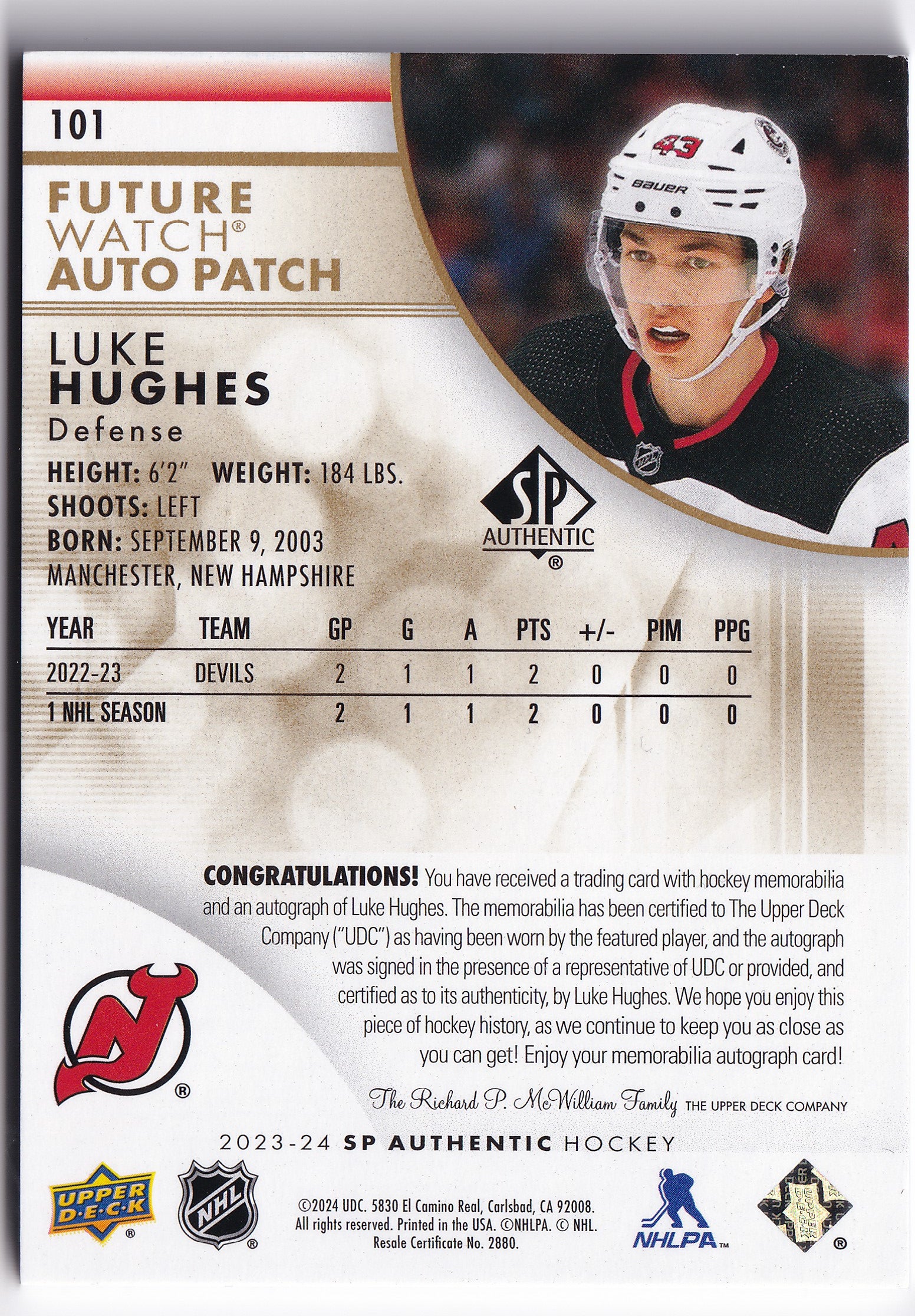 Luke Hughes 2023–24 SP Authentic Future Watch Auto Patch Rookie /100 #101 – 053/100