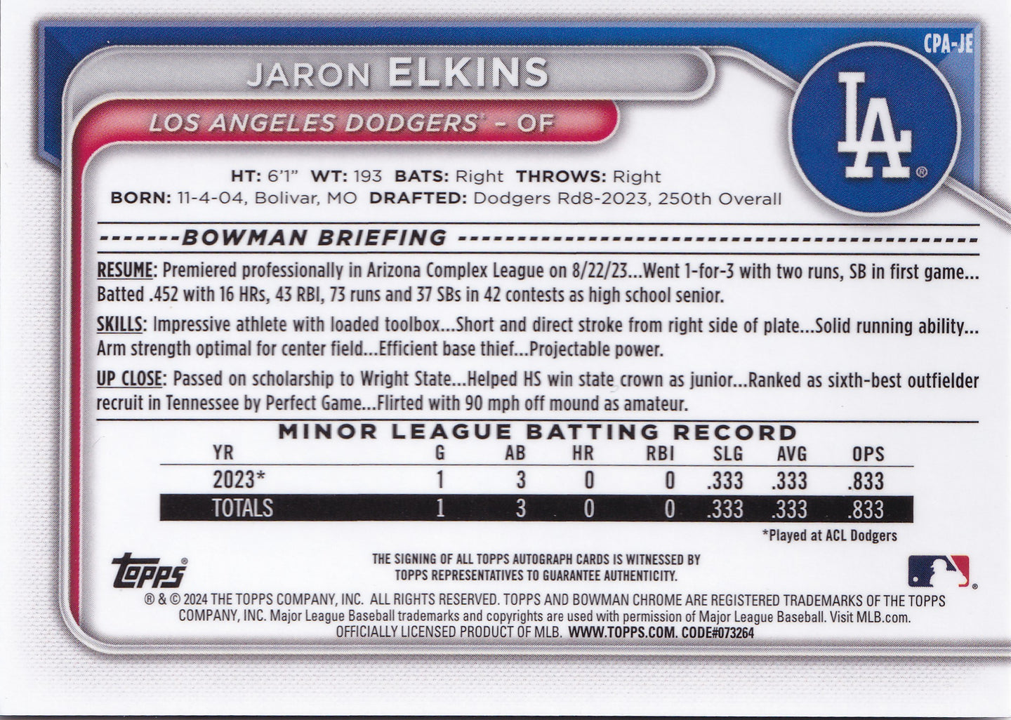 Jaron Elkins 2024 Bowman Chrome 1st Bowman Prospect Autograph #CPA-JE