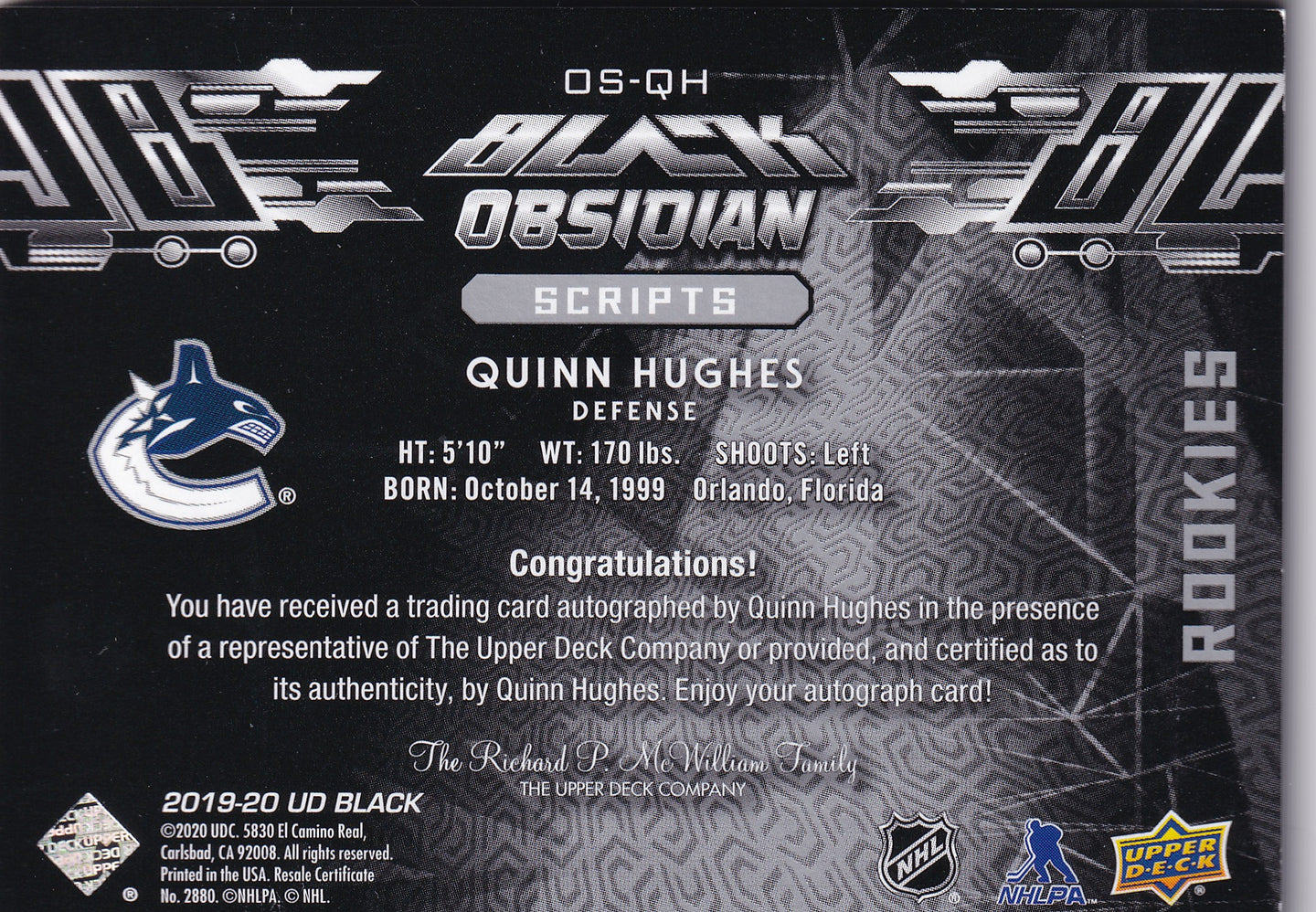 Quinn Hughes 2019–20 UD Black Obsidian Scripts Rookies Auto #OS-QH