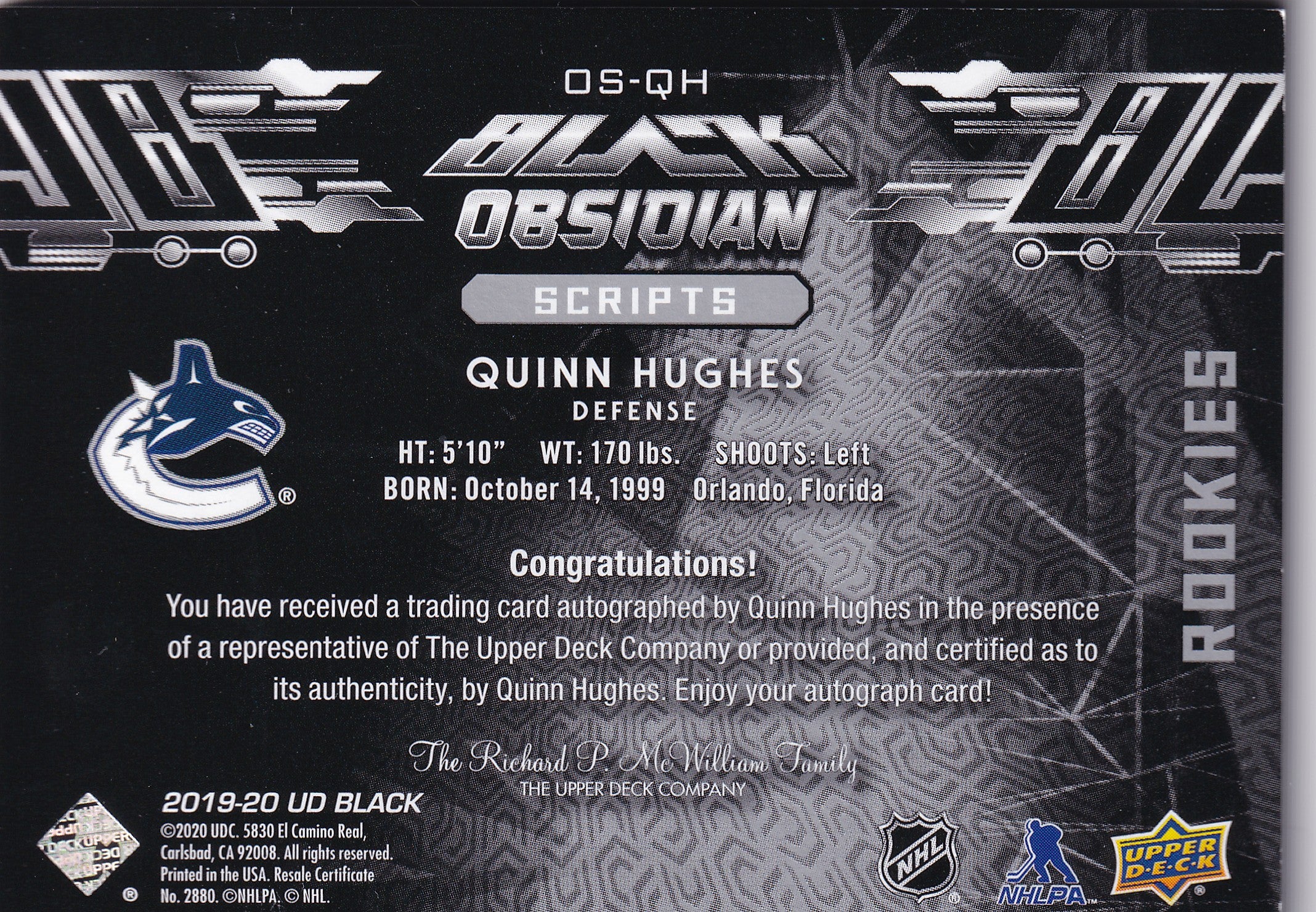 Quinn Hughes 2019–20 UD Black Obsidian Scripts Rookies Auto #OS-QH