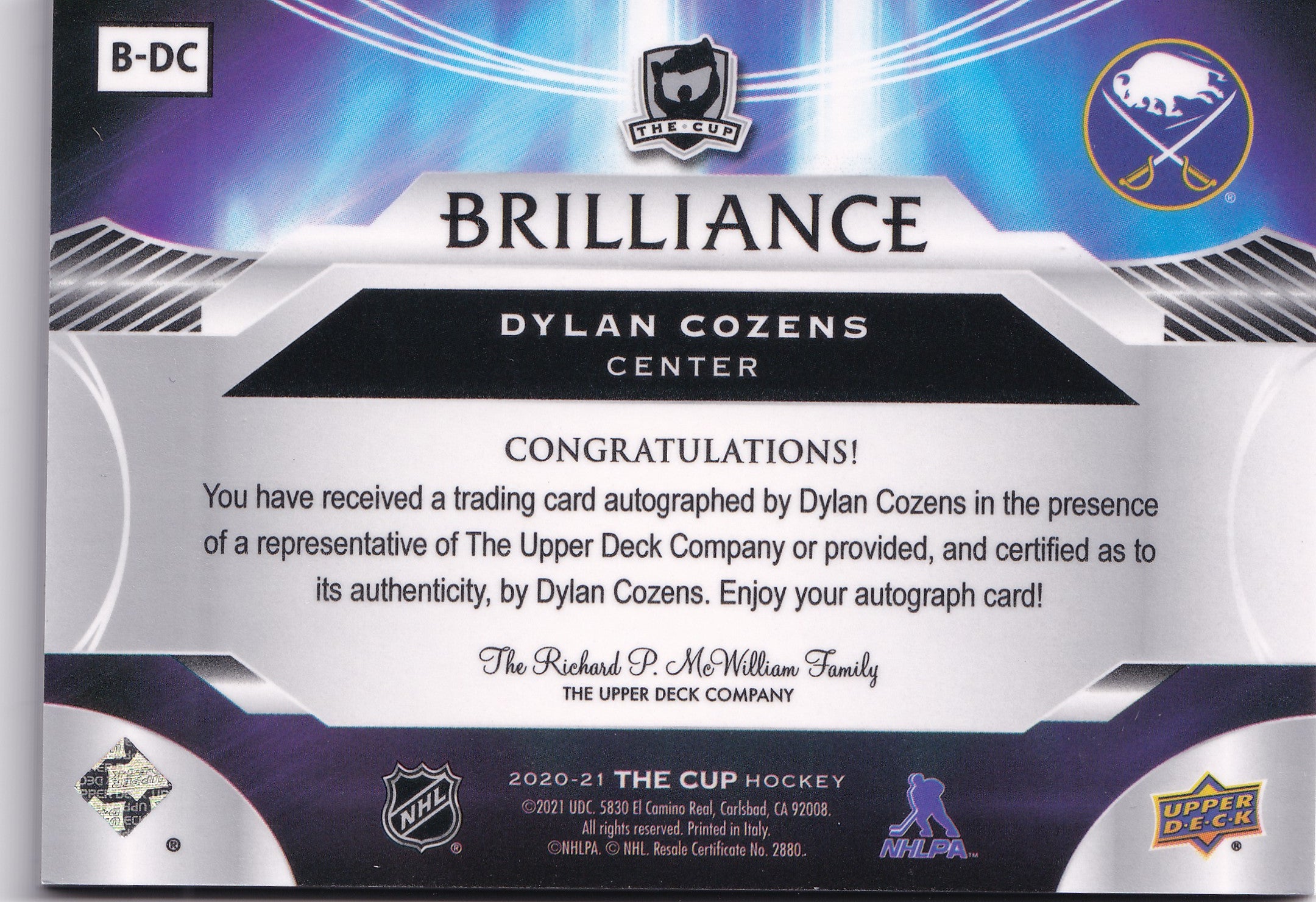 Dylan Cozens 2020–21 The Cup Brilliance Rookie Autograph #B-DC