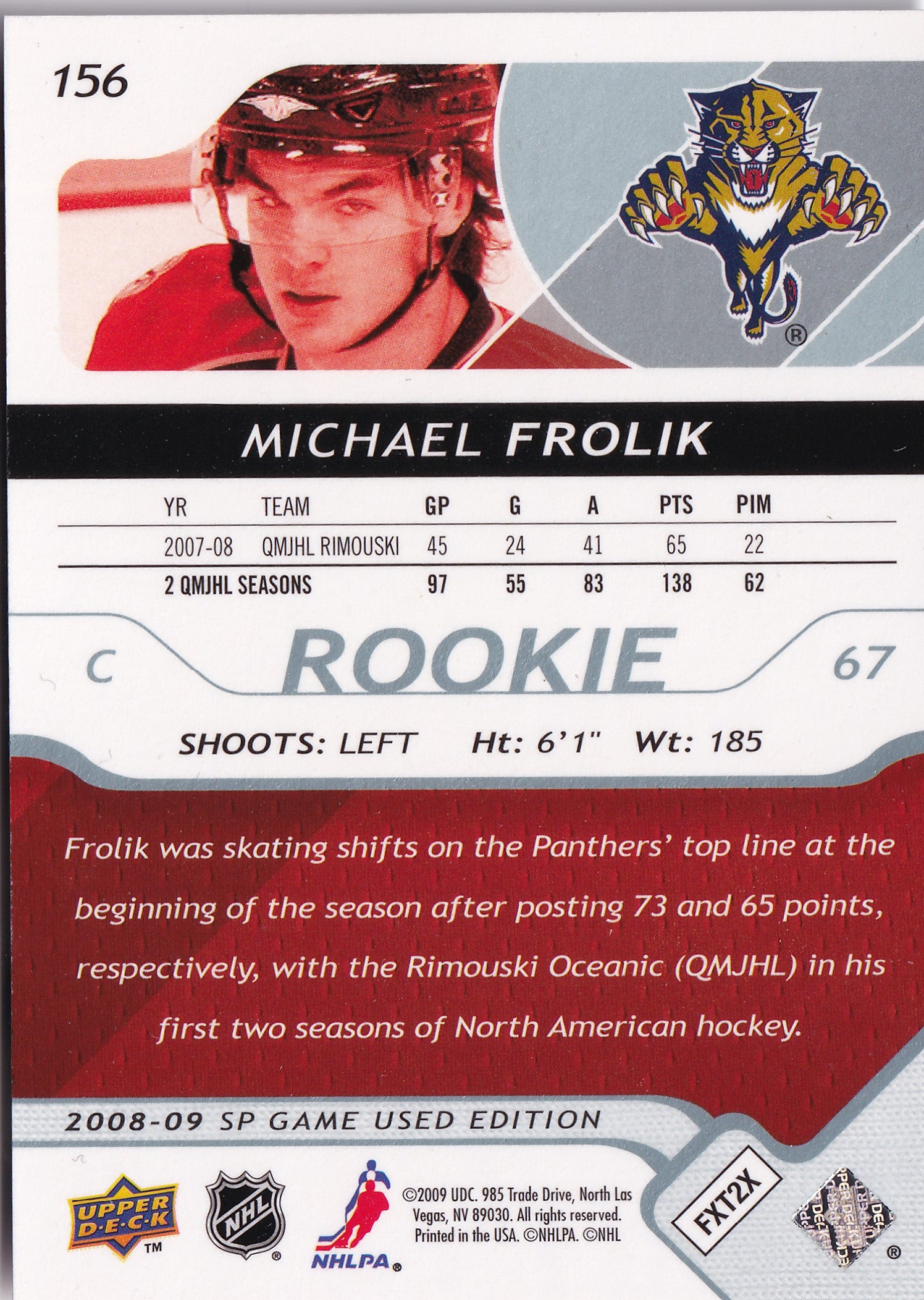 Michael Frolík 2008–09 SP Game Used Authentic Rookies #156 /999