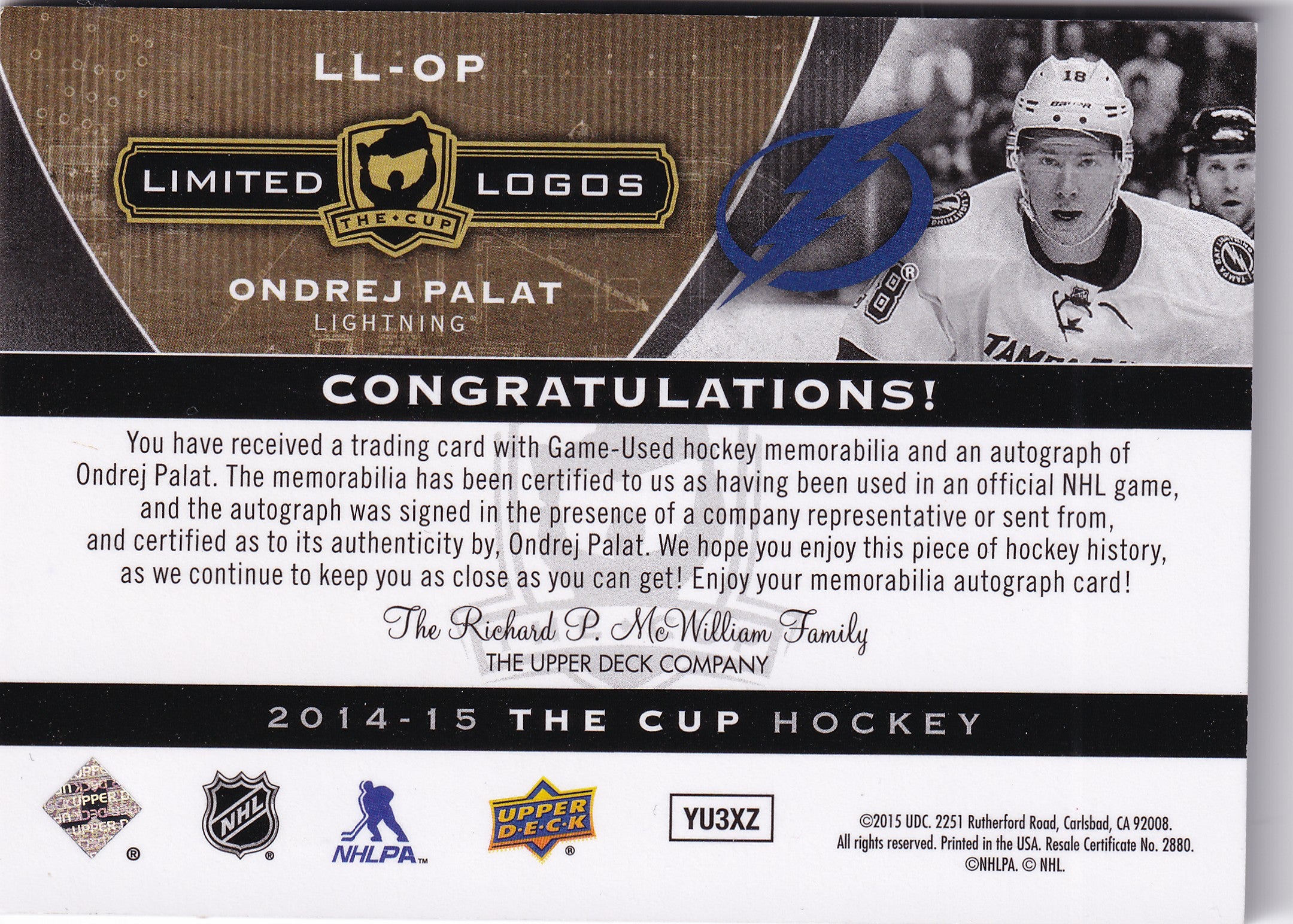 Ondřej Palát 2014–15 The Cup Limited Logos Patch Auto /50 #LL-OP