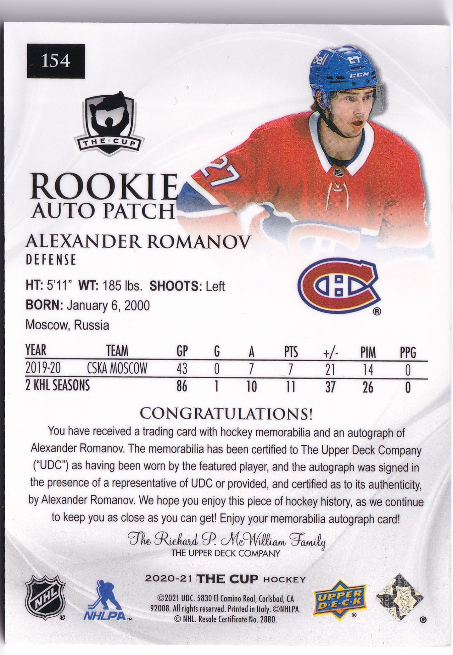 Alexander Romanov 2020–21 The Cup Rookie Auto Patch #154 27/99