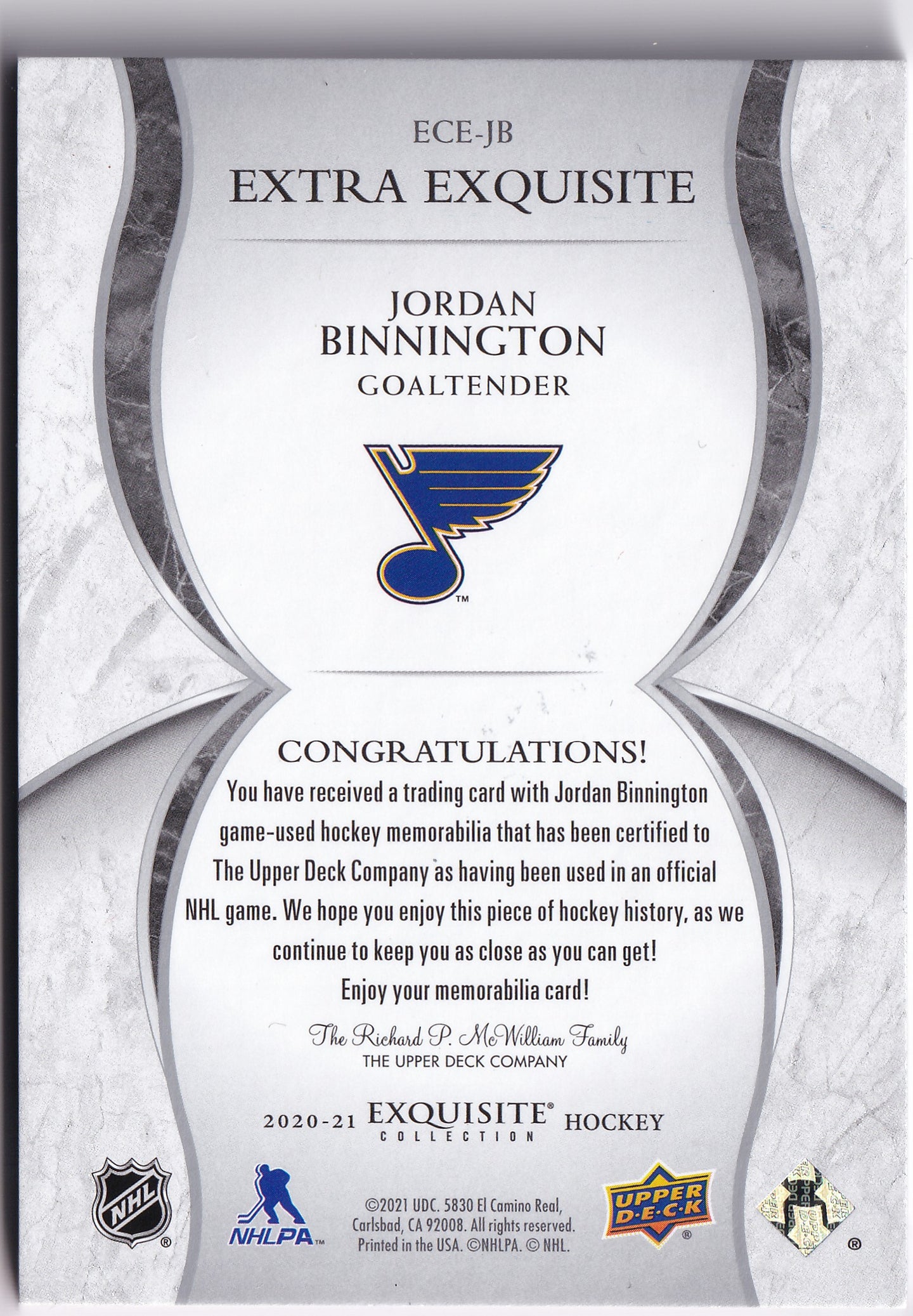 Jordan Binnington 2020–21 Exquisite Extra Exquisite Jersey #ECE-JB /149