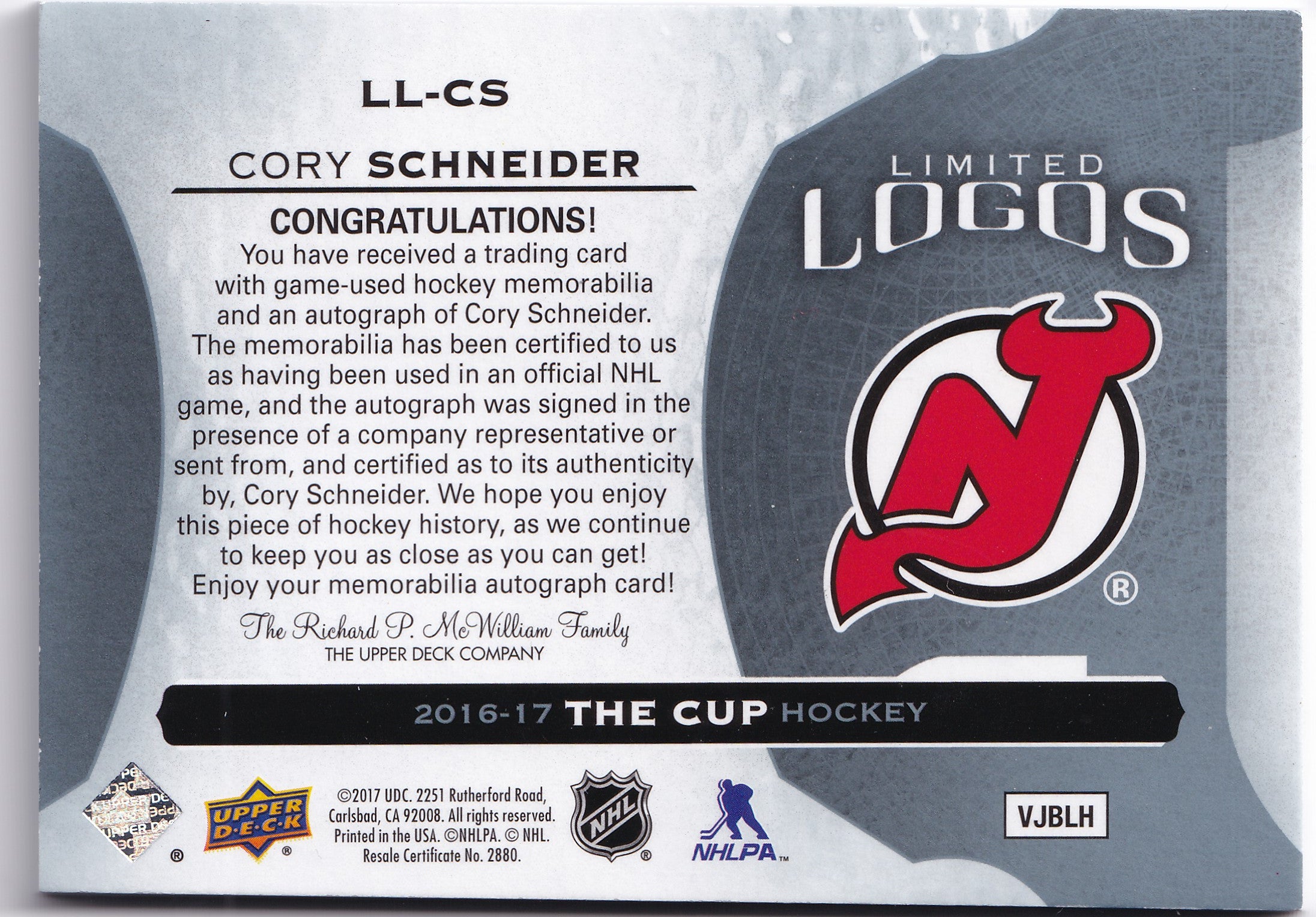 Cory Schneider 2016–17 The Cup Limited Logos Patch Auto /50 #LL-CS
