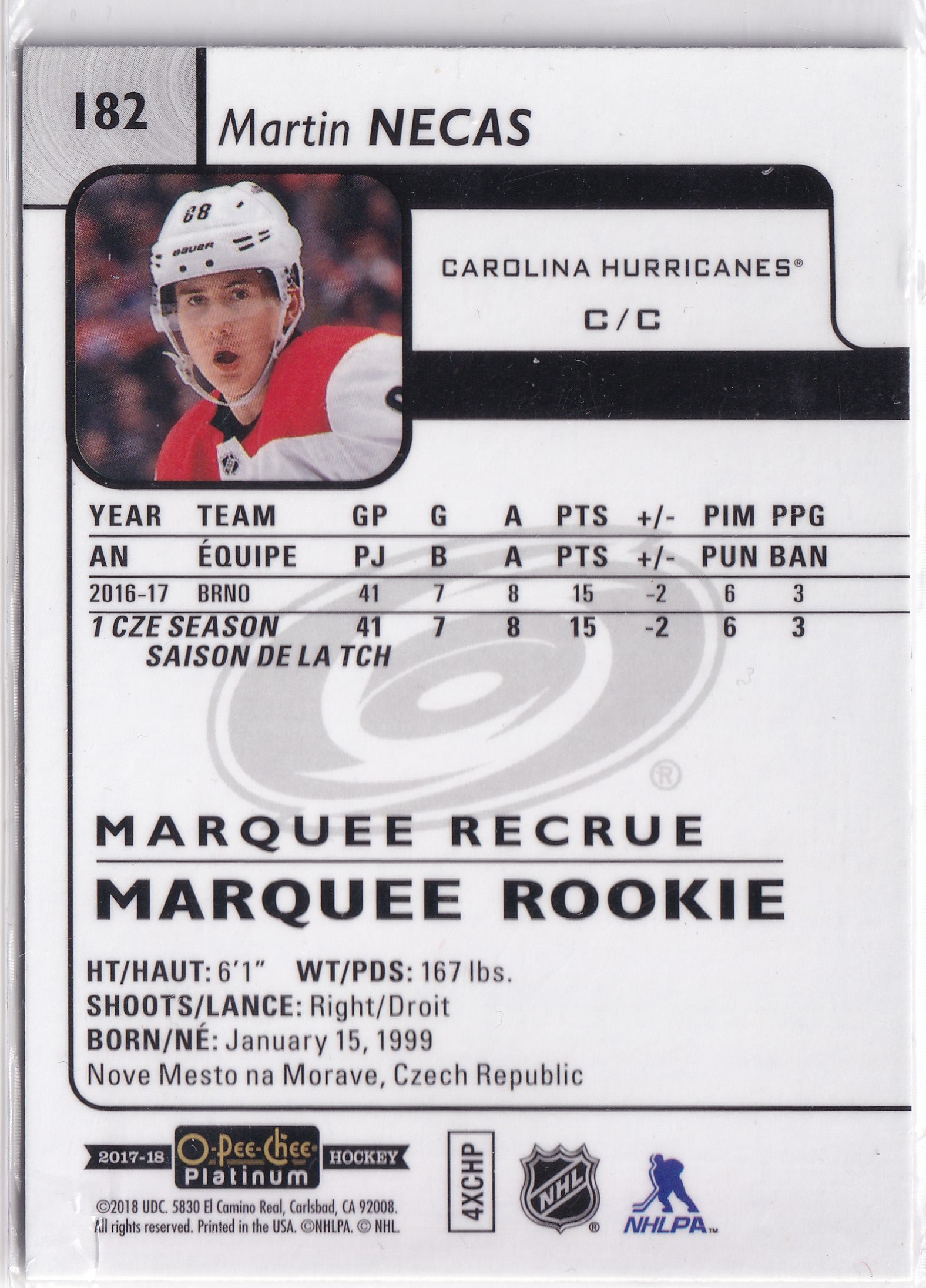 Martin Nečas 2017–18 O-Pee-Chee Platinum Marquee Rookie #182 s podpisem