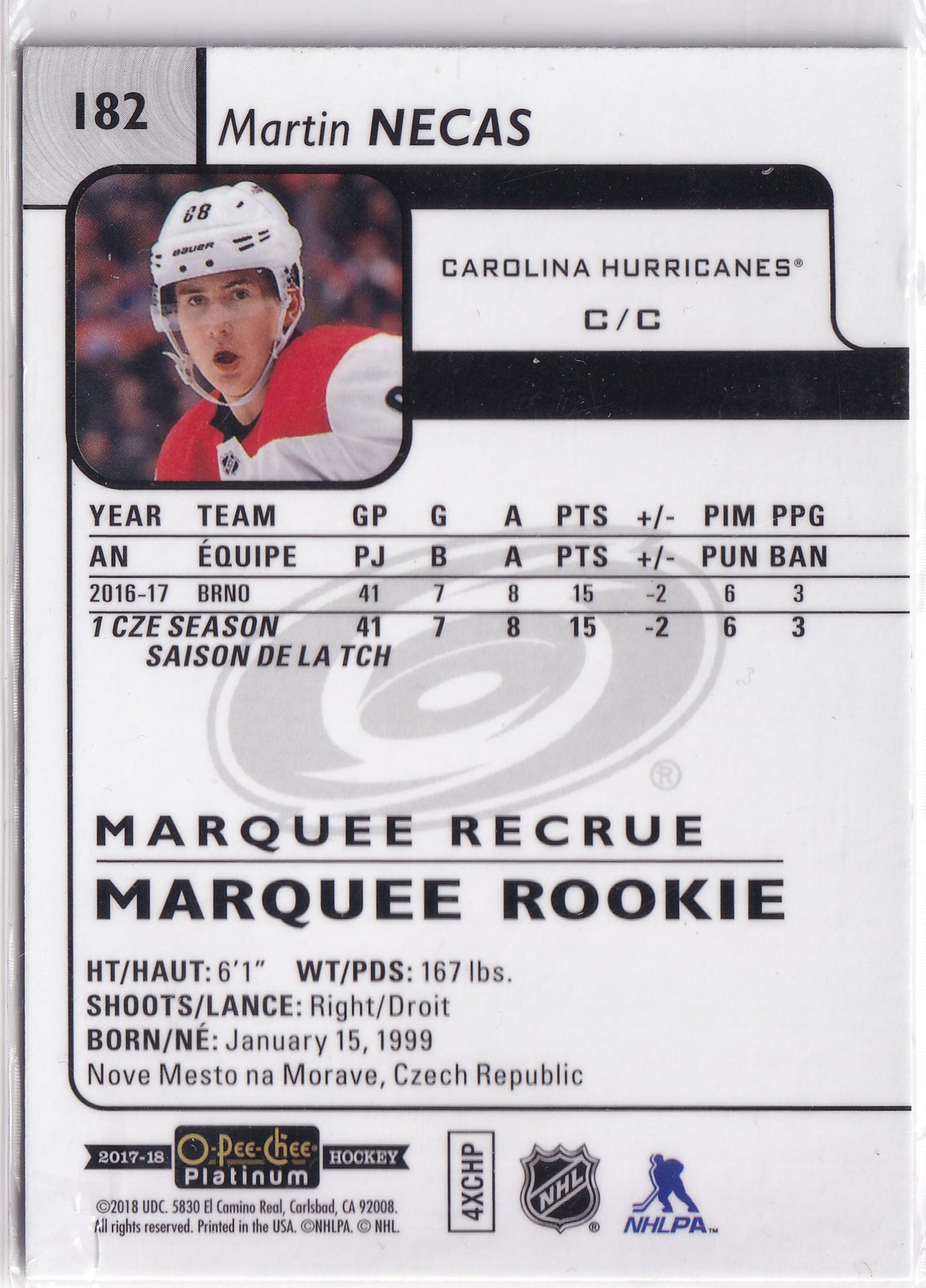 Martin Nečas 2017–18 O-Pee-Chee Platinum Marquee Rookie #182 s podpisem