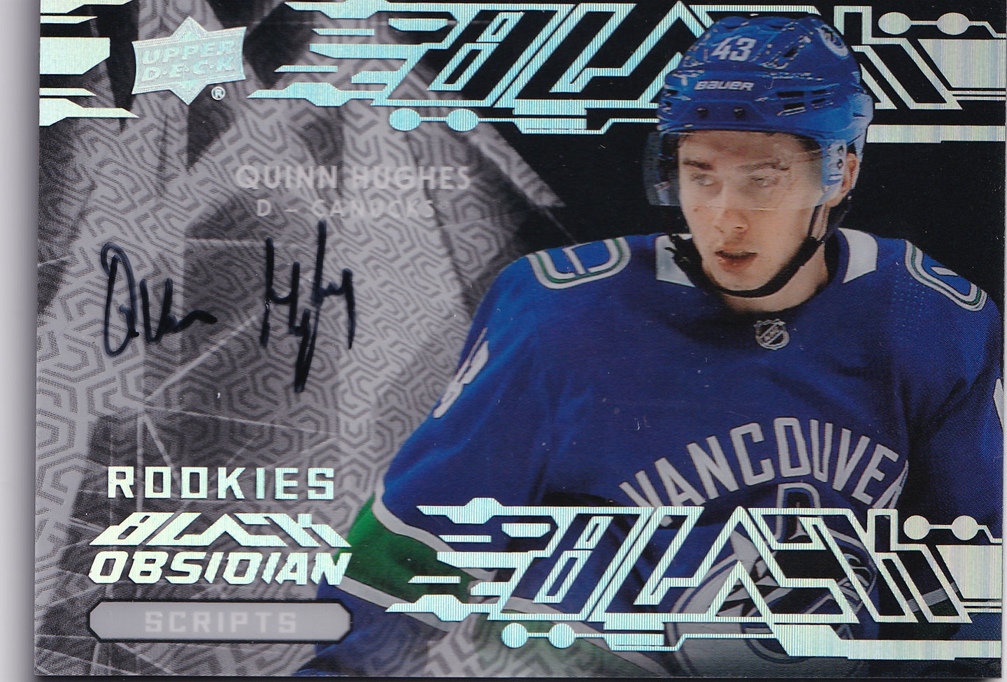Quinn Hughes 2019–20 UD Black Obsidian Scripts Rookies Auto #OS-QH
