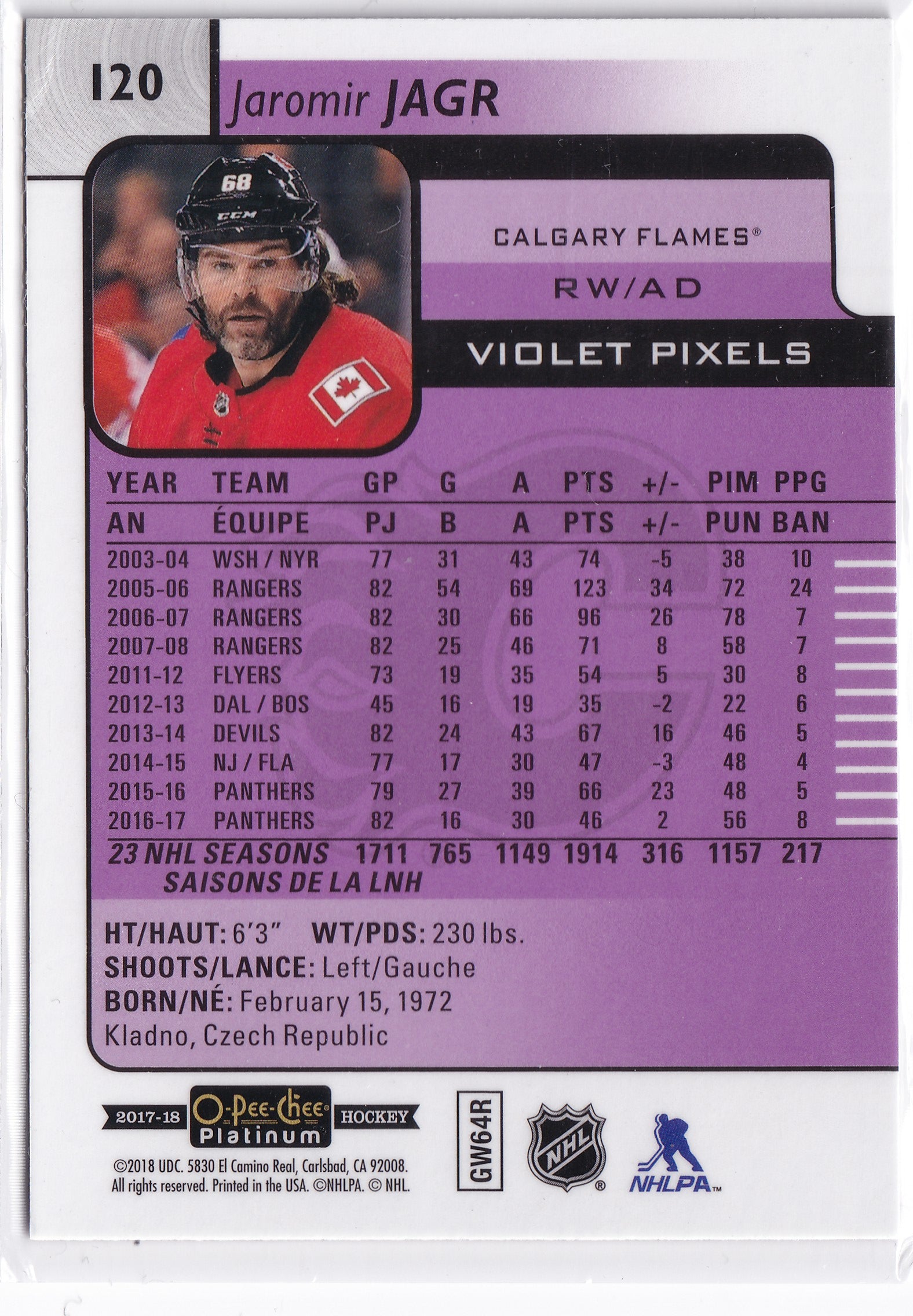 Jaromír Jágr 2017–18 O-Pee-Chee Platinum Violet Pixels #120