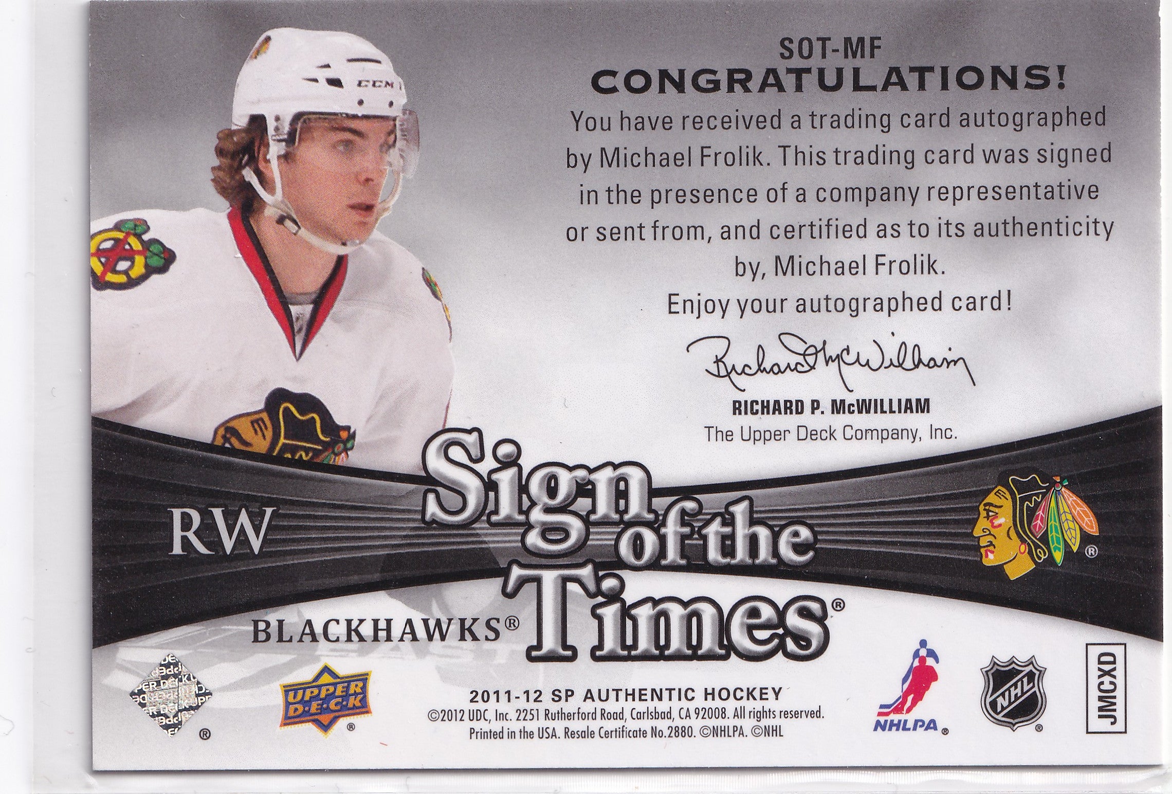 Michael Frolík 2011–12 SP Authentic Sign of the Times Auto #SOT-MF