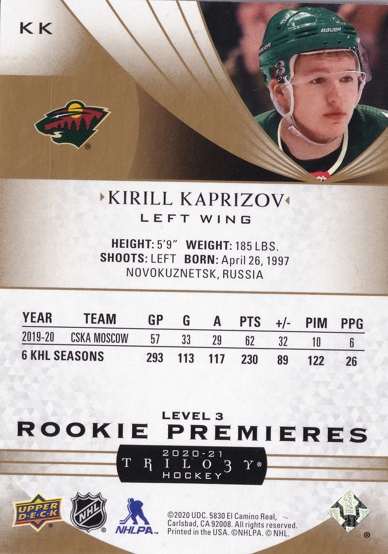 2020–21 Upper Deck Trilogy Kirill Kaprizov Rookie Premieres Level 3 #KK /299