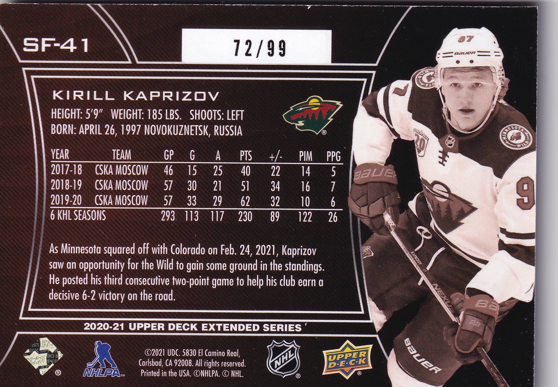 2020–21 Upper Deck Extended Series SPx Finite Spectrum Kirill Kaprizov Rookie /99 #SF-41