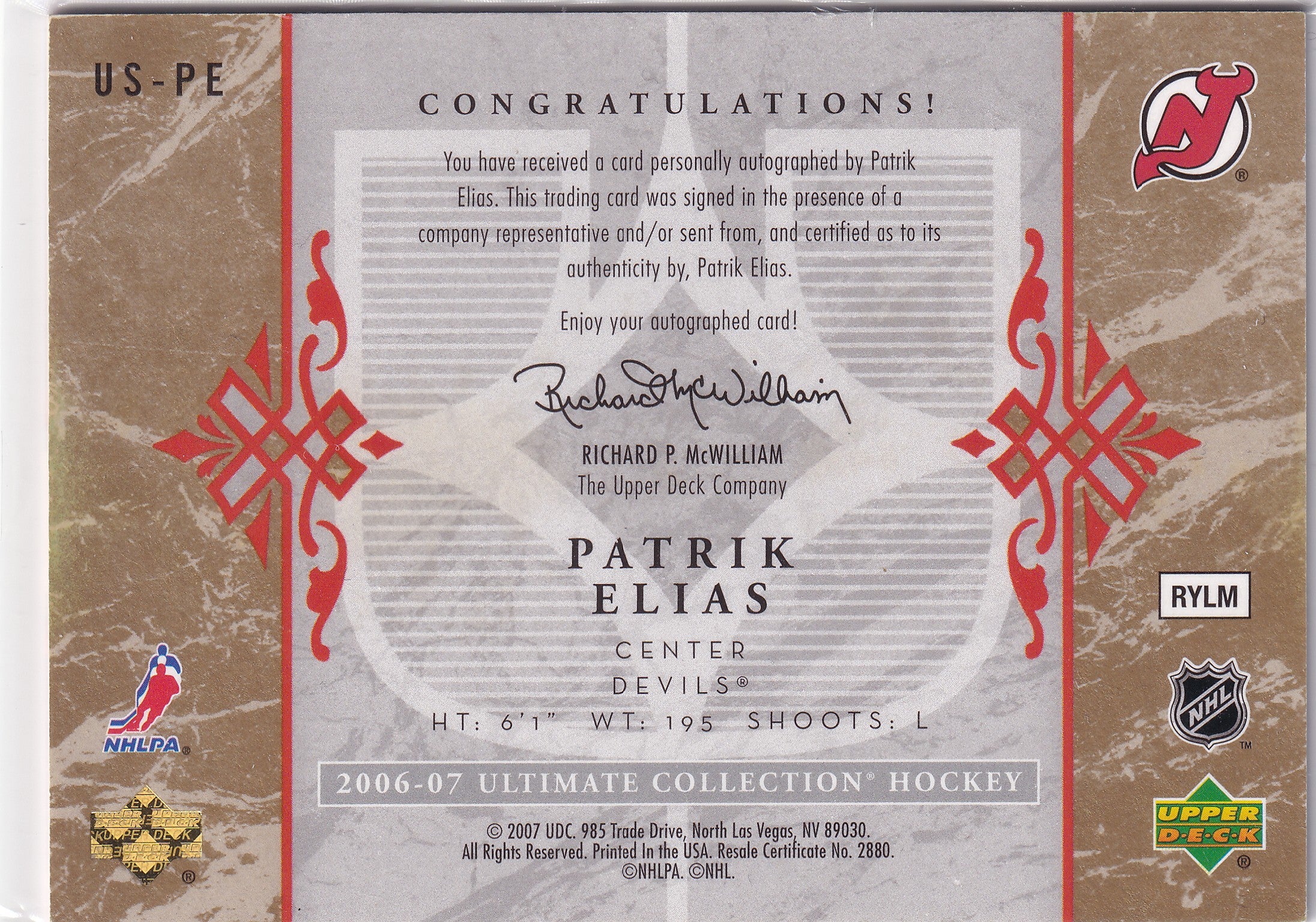 Patrik Eliáš 2006–07 Ultimate Collection Ultimate Signatures Auto #US-PE