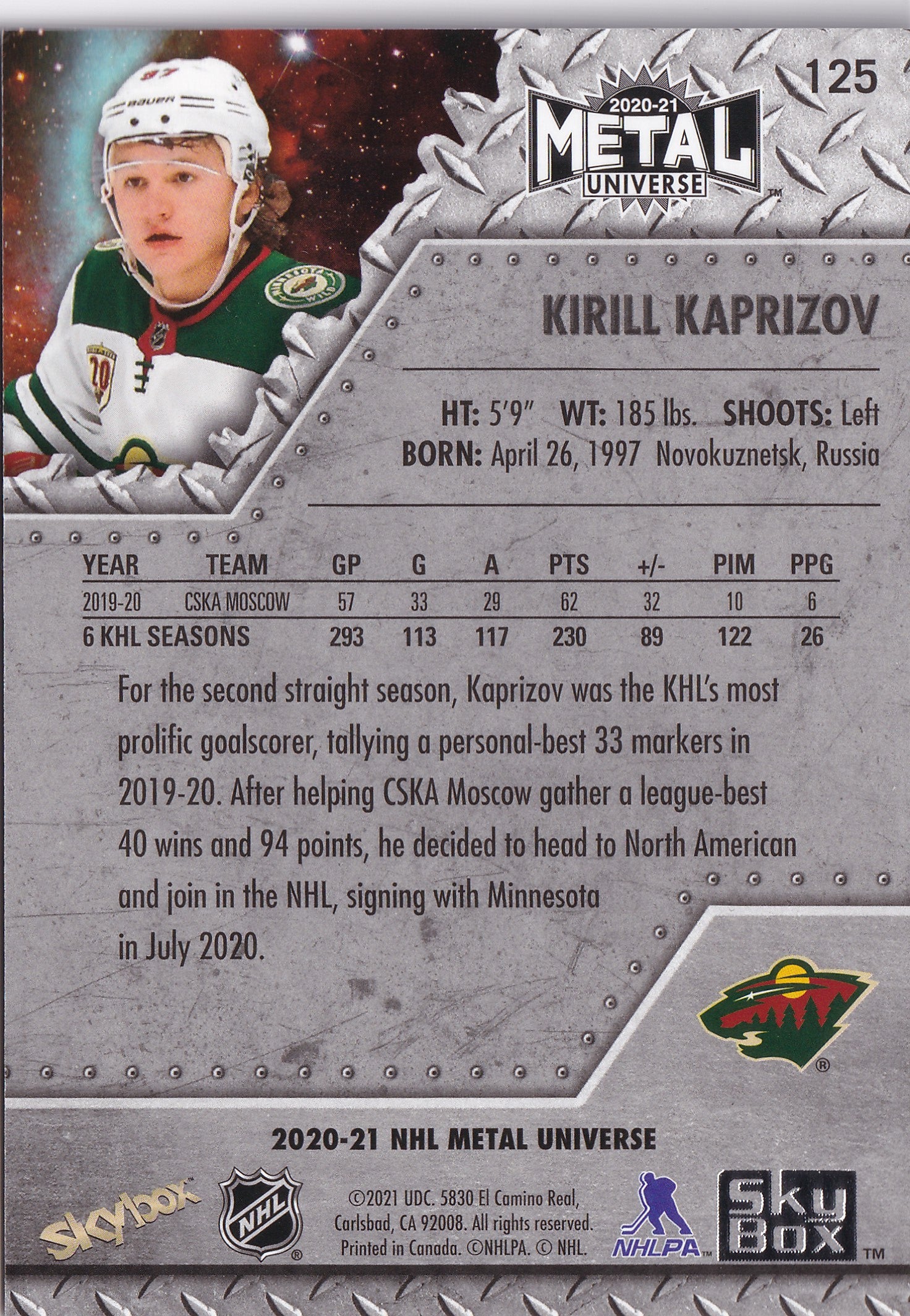 2020–21 SkyBox Metal Universe Kirill Kaprizov Rookie #125