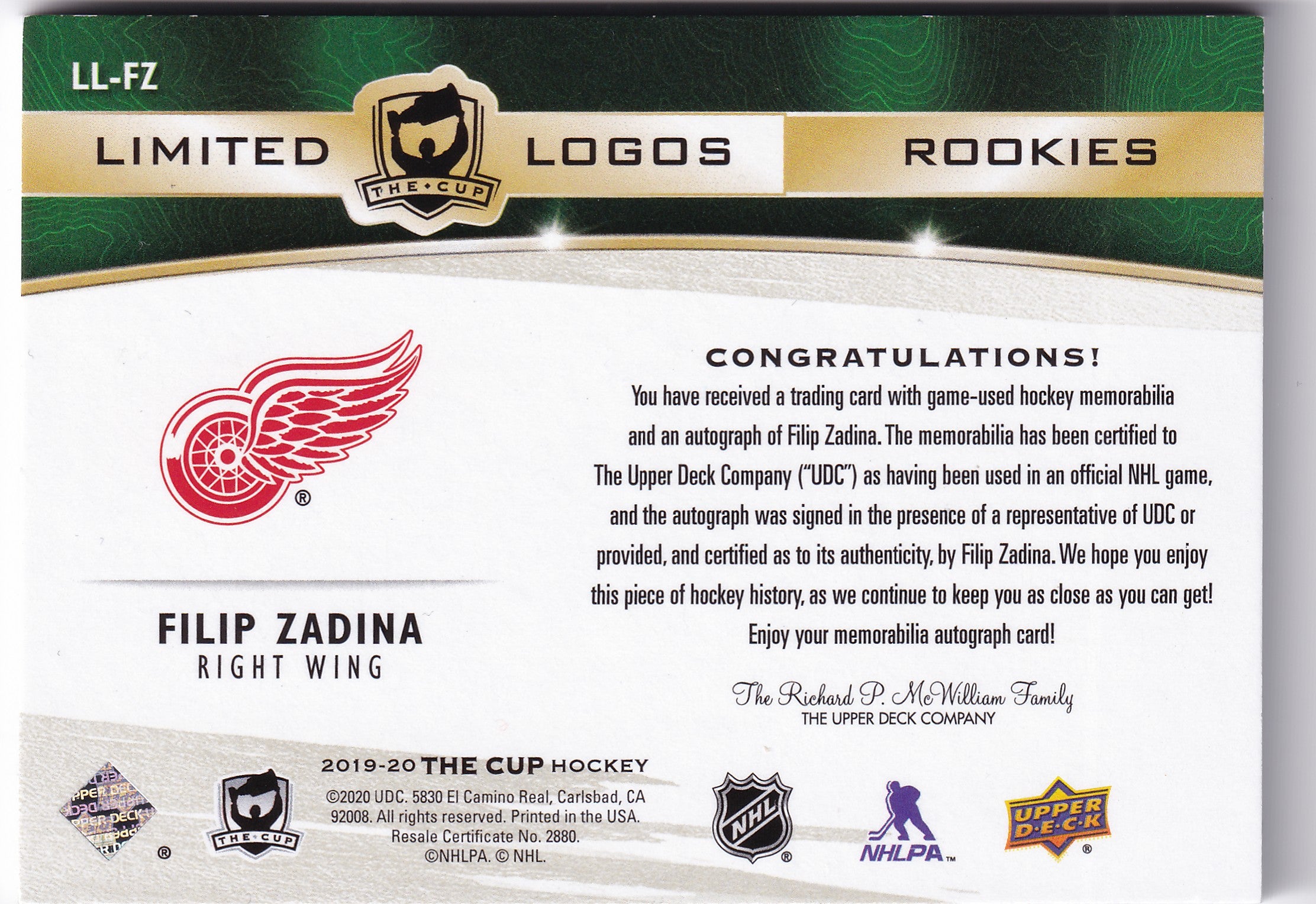 2019–20 The Cup Limited Logos Rookies Filip Zadina Patch Auto /50 #LL-FZ