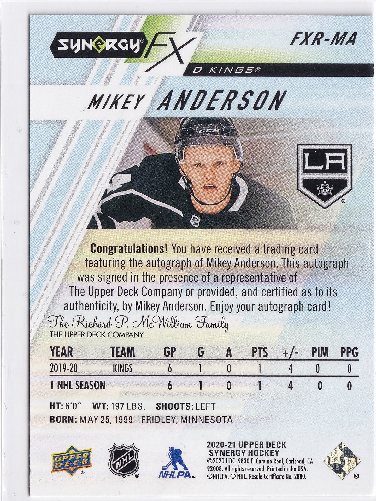 Mikey Anderson 2020–21 Upper Deck Synergy FX Rookies Green Auto /99 #FXR-MA