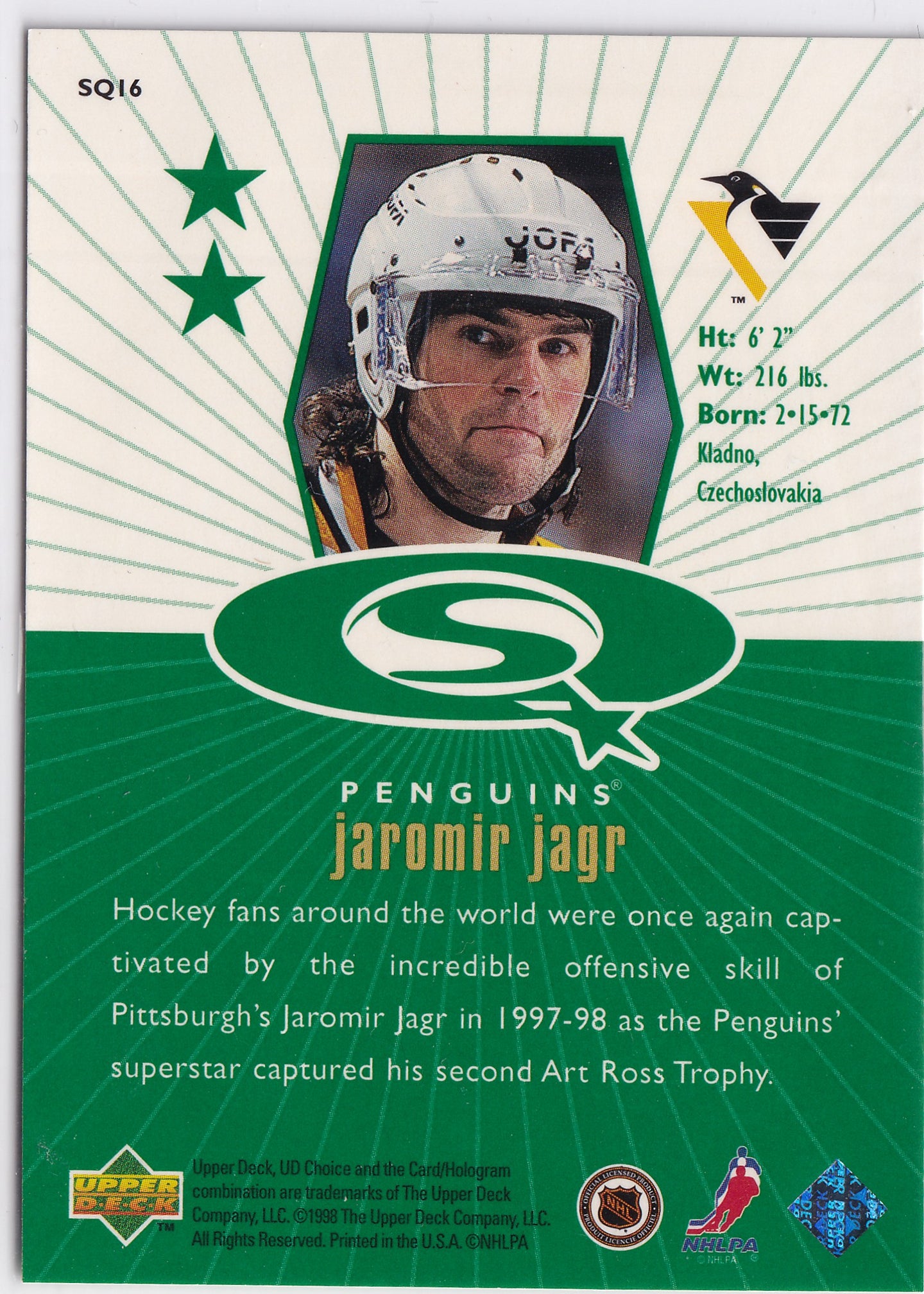 Jaromír Jágr 1998–99 UD Choice StarQuest Green #SQ16