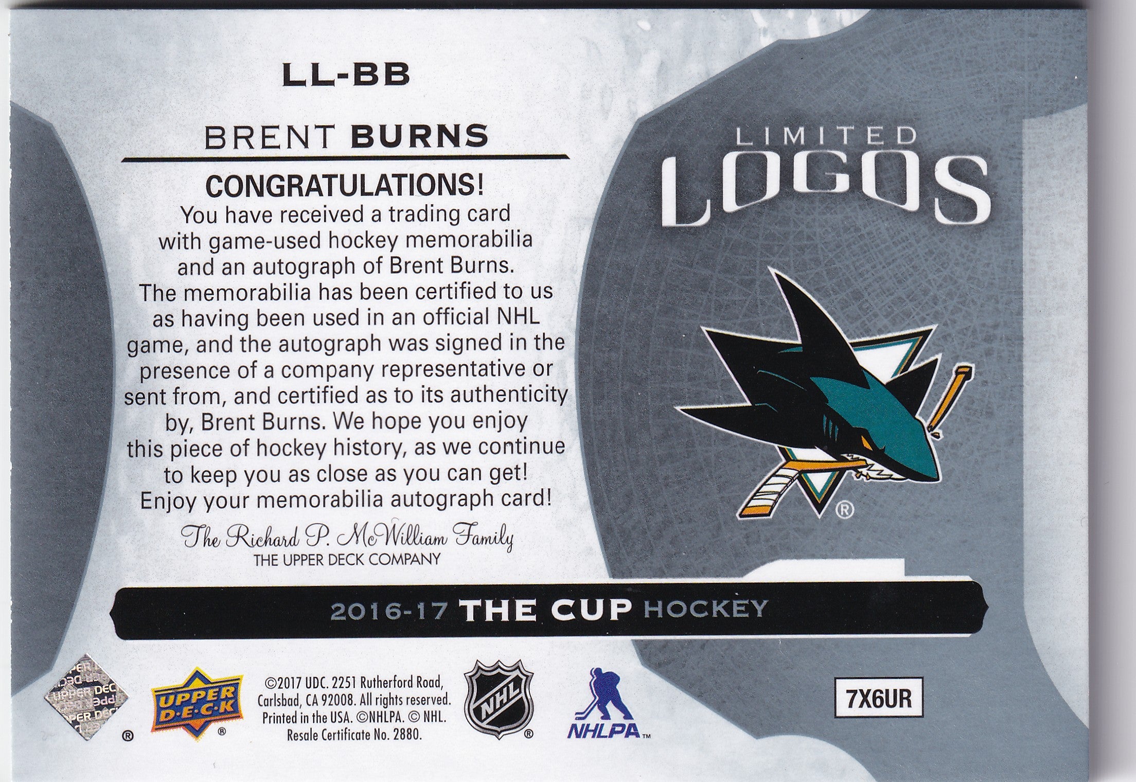 2016–17 The Cup Limited Logos Brent Burns Patch Auto /50 #LL-BB