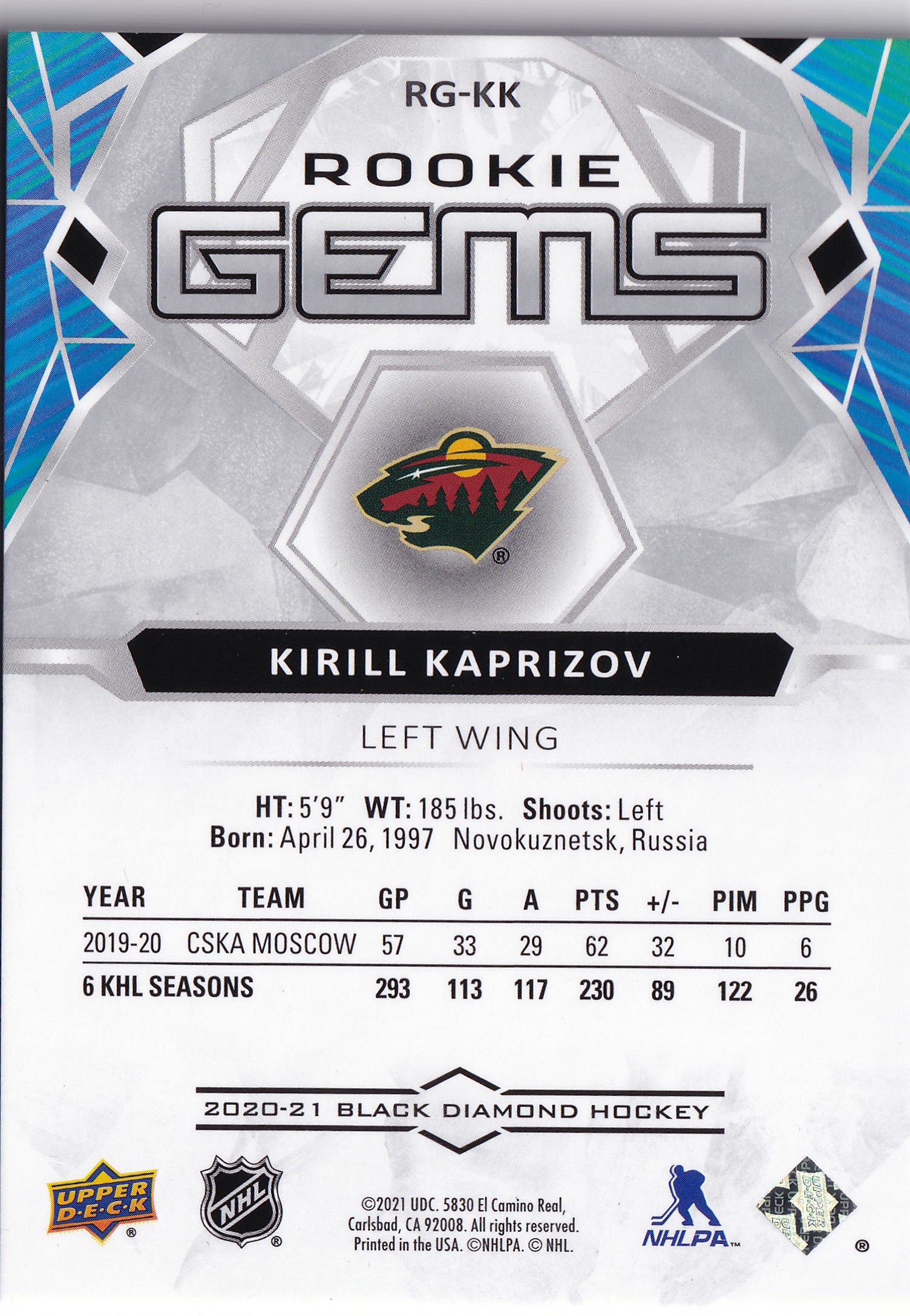 2020–21 Upper Deck Black Diamond Kirill Kaprizov Rookie Gems #RG-KK /399
