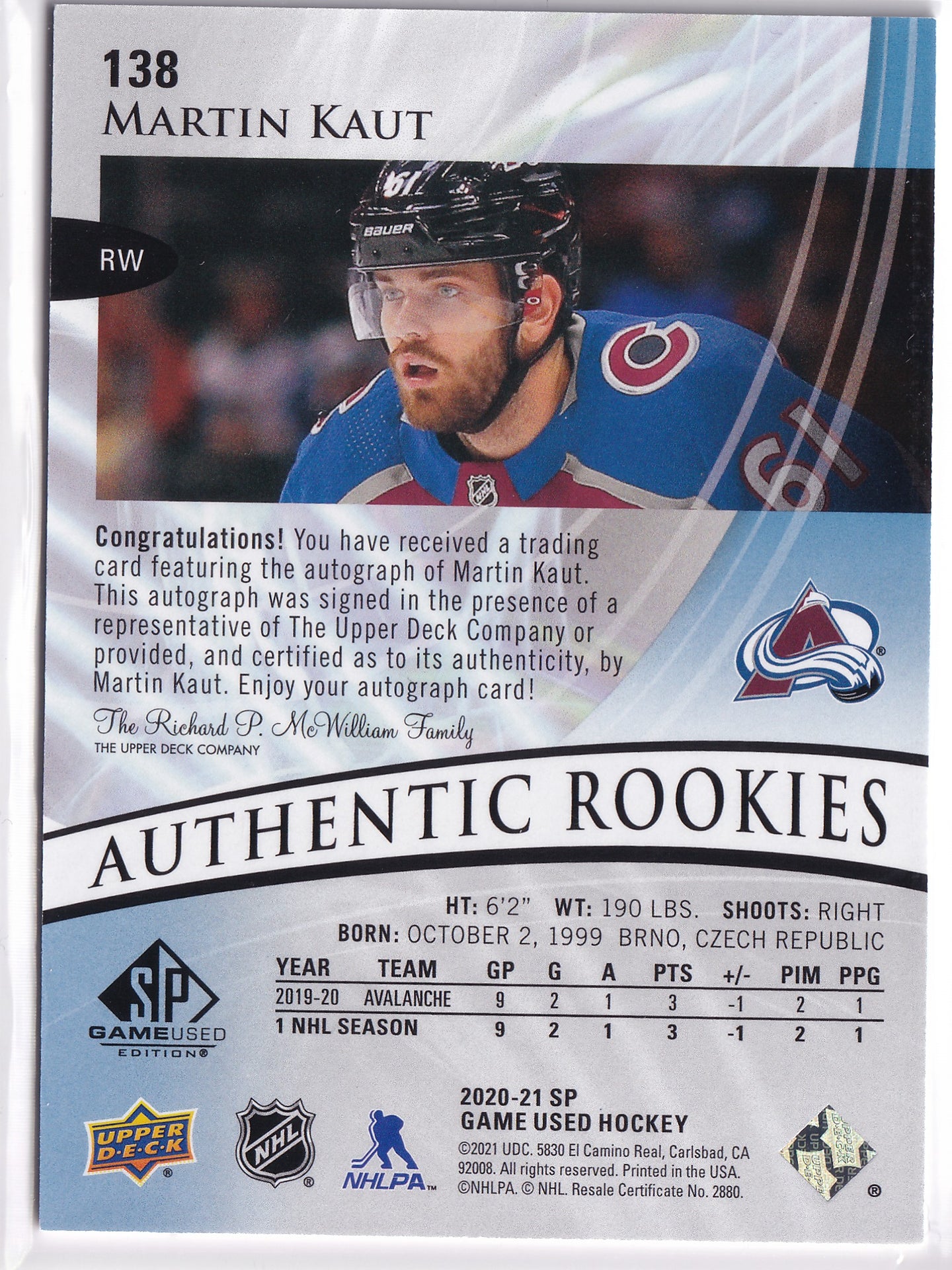 Martin Kaut 2020–21 SP Game Used Authentic Rookies Blue Autographs #138