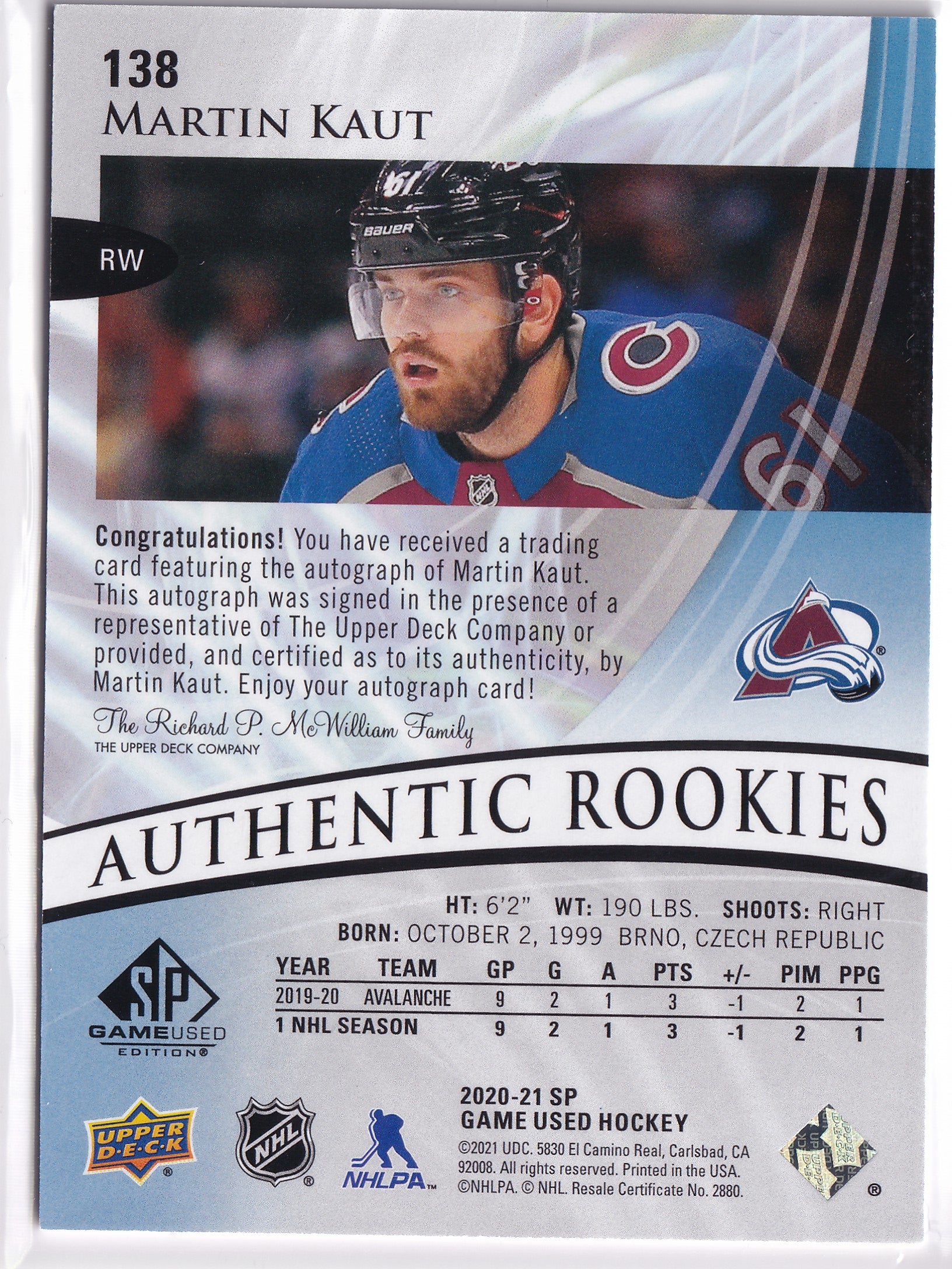 Martin Kaut 2020–21 SP Game Used Authentic Rookies Blue Autographs #138