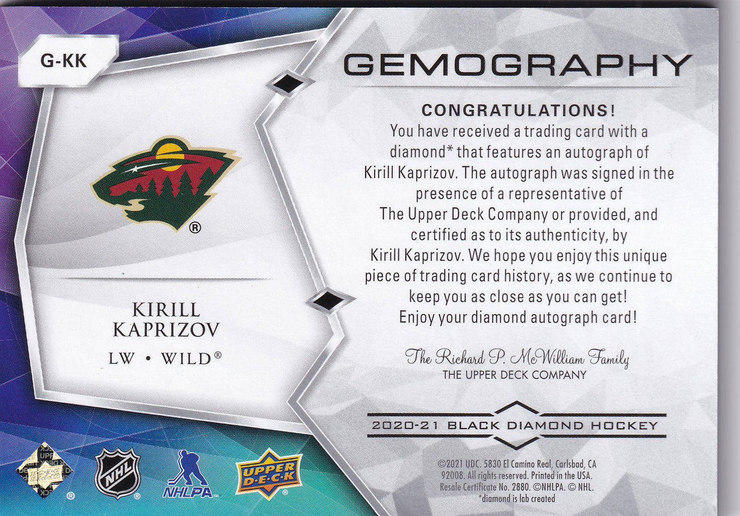 2020–21 Black Diamond Gemography Kirill Kaprizov Rookie Auto /25 #G-KK