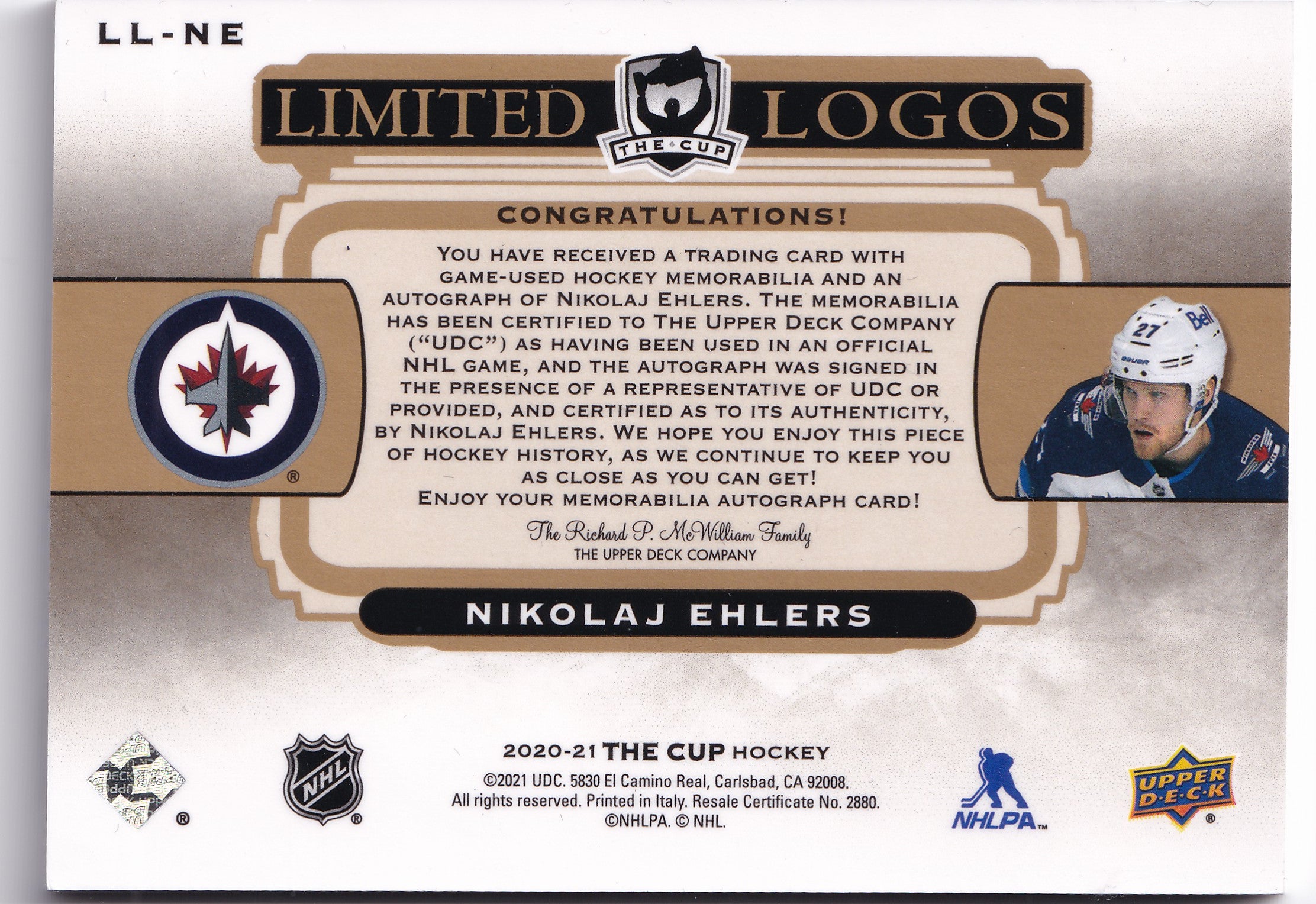 2020–21 The Cup Limited Logos Nikolaj Ehlers Patch Auto /50 #LL-NE